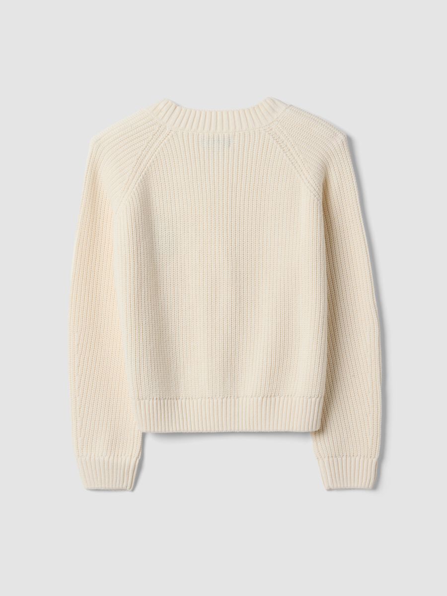 Beige cotton-blend fitted cardigan with deep V-neck_2