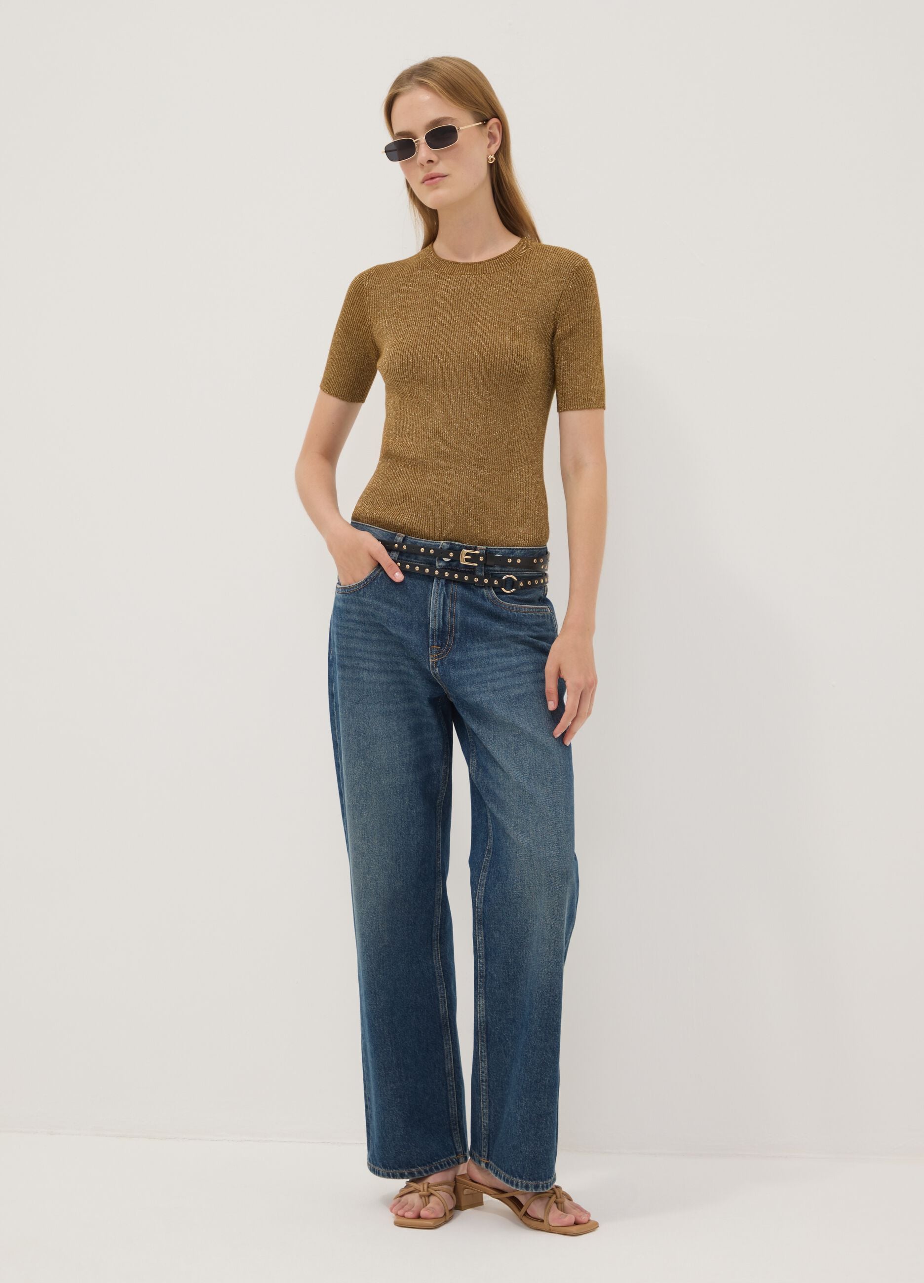 Brown fitted rib-knit viscose blend top