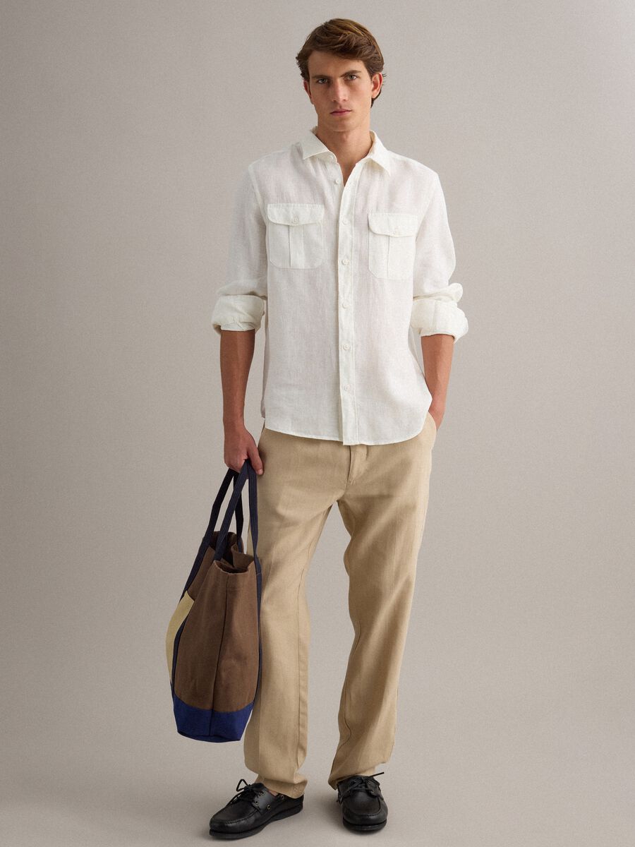 White pure linen regular-fit shirt with double chest pockets_1
