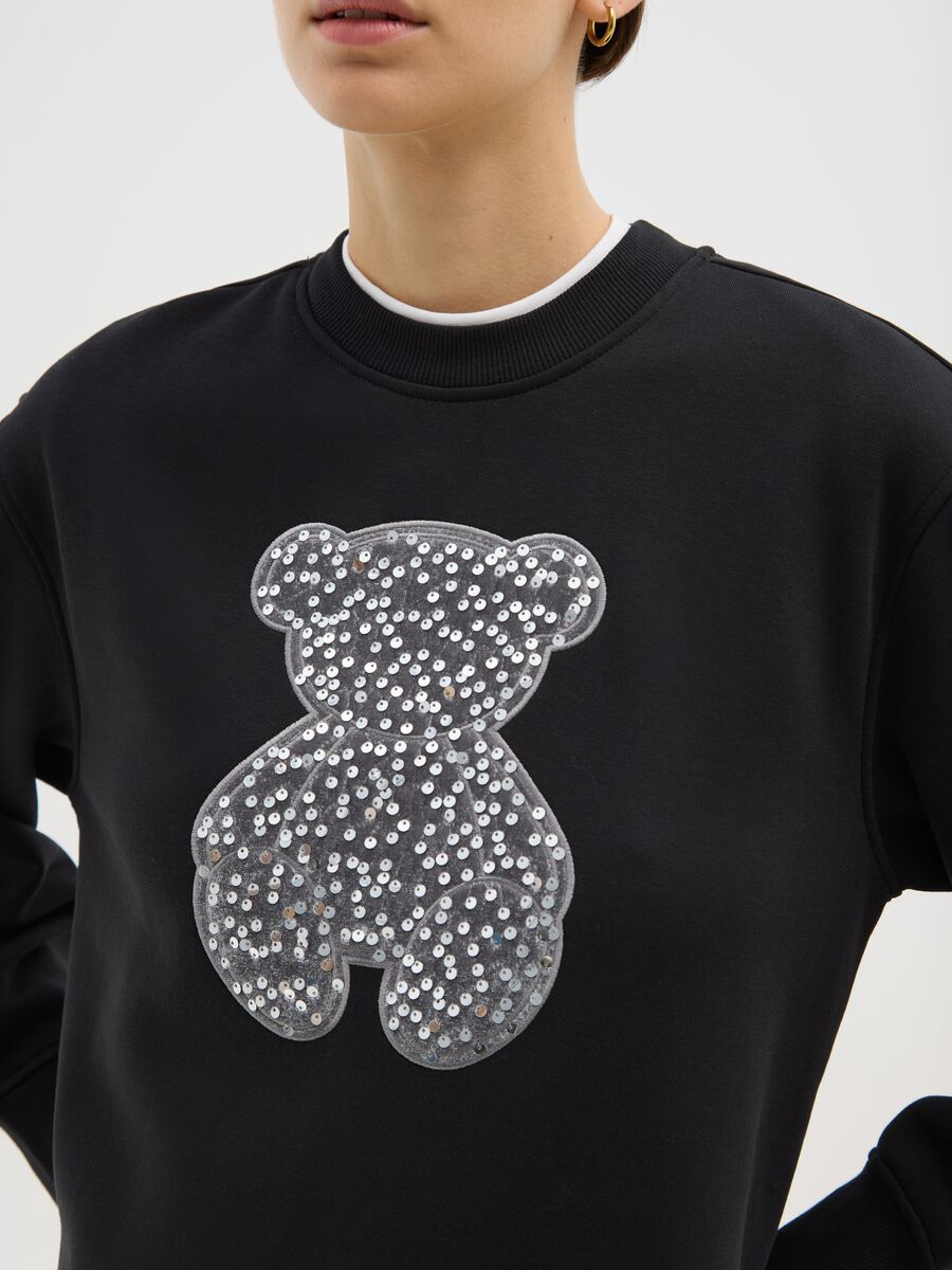 Felpa nera  in misto cotone relaxed fit con orsetto glitterato_3