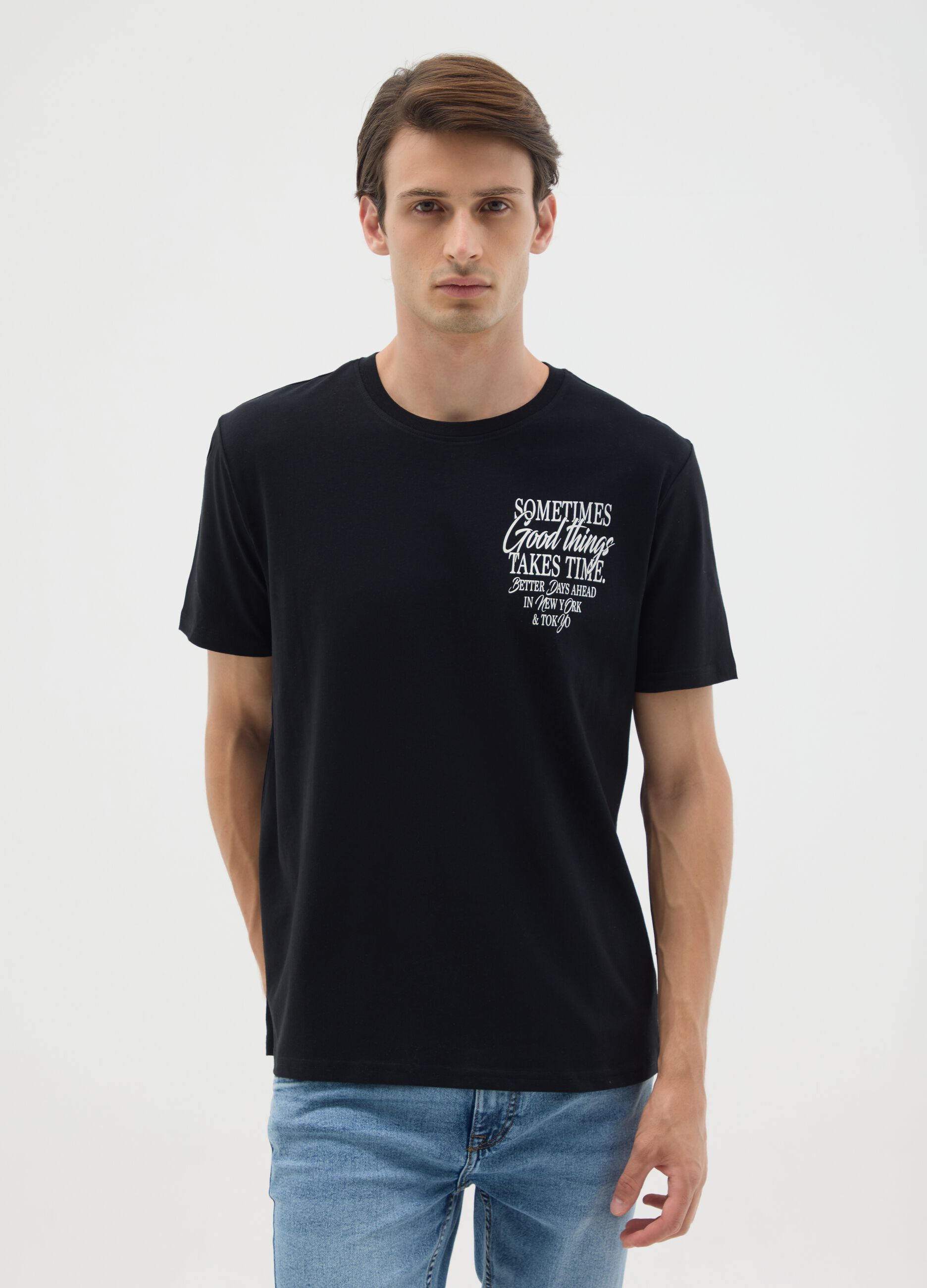 Regular fit black pure cotton T-shirt with motivational messages