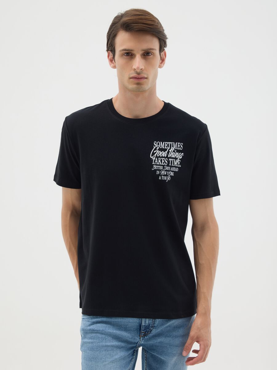 Regular fit black pure cotton T-shirt with motivational messages_0