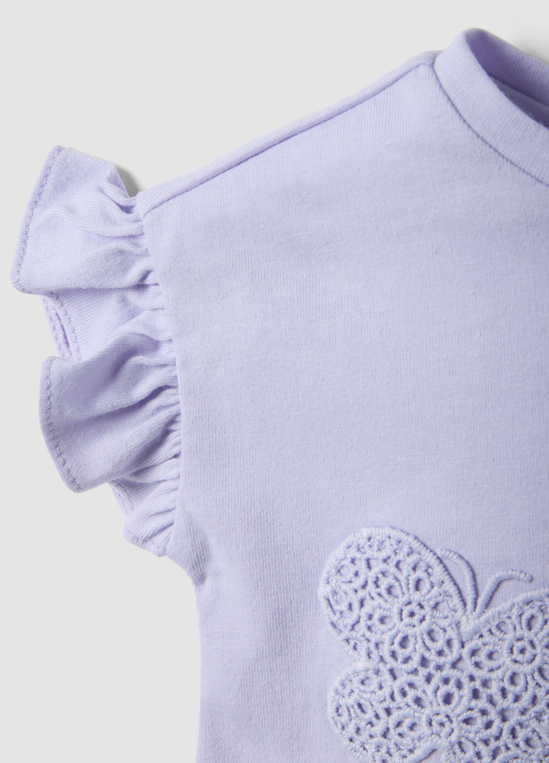 Purple short-sleeved pure organic cotton T-shirt with frills
