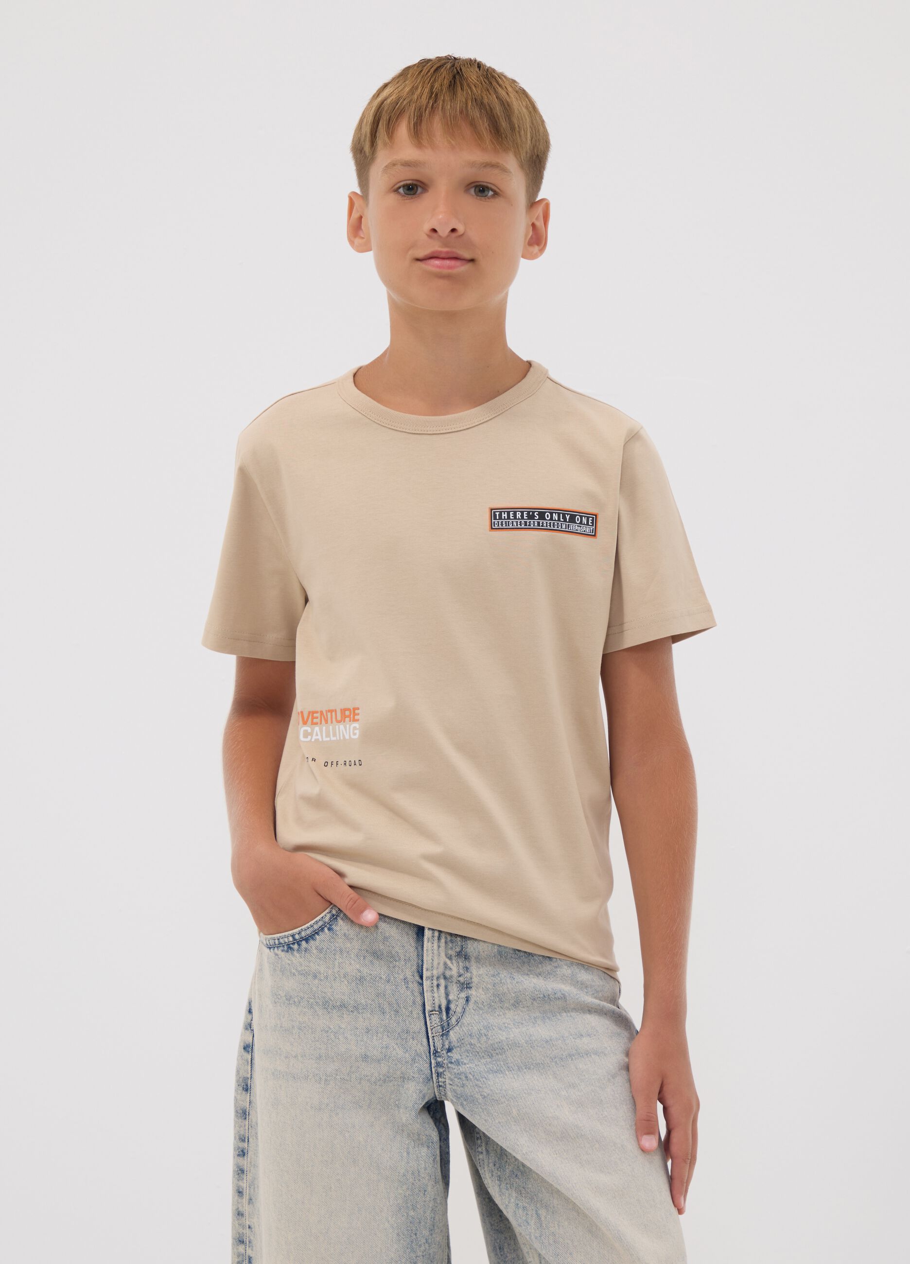 Beige pure cotton T-shirt with front and back print