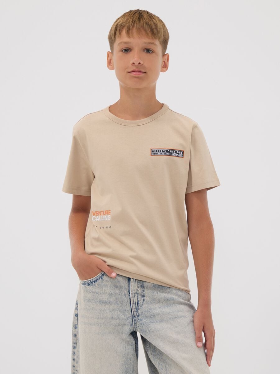 T-shirt beige in puro cotone con stampa fronte e retro_1