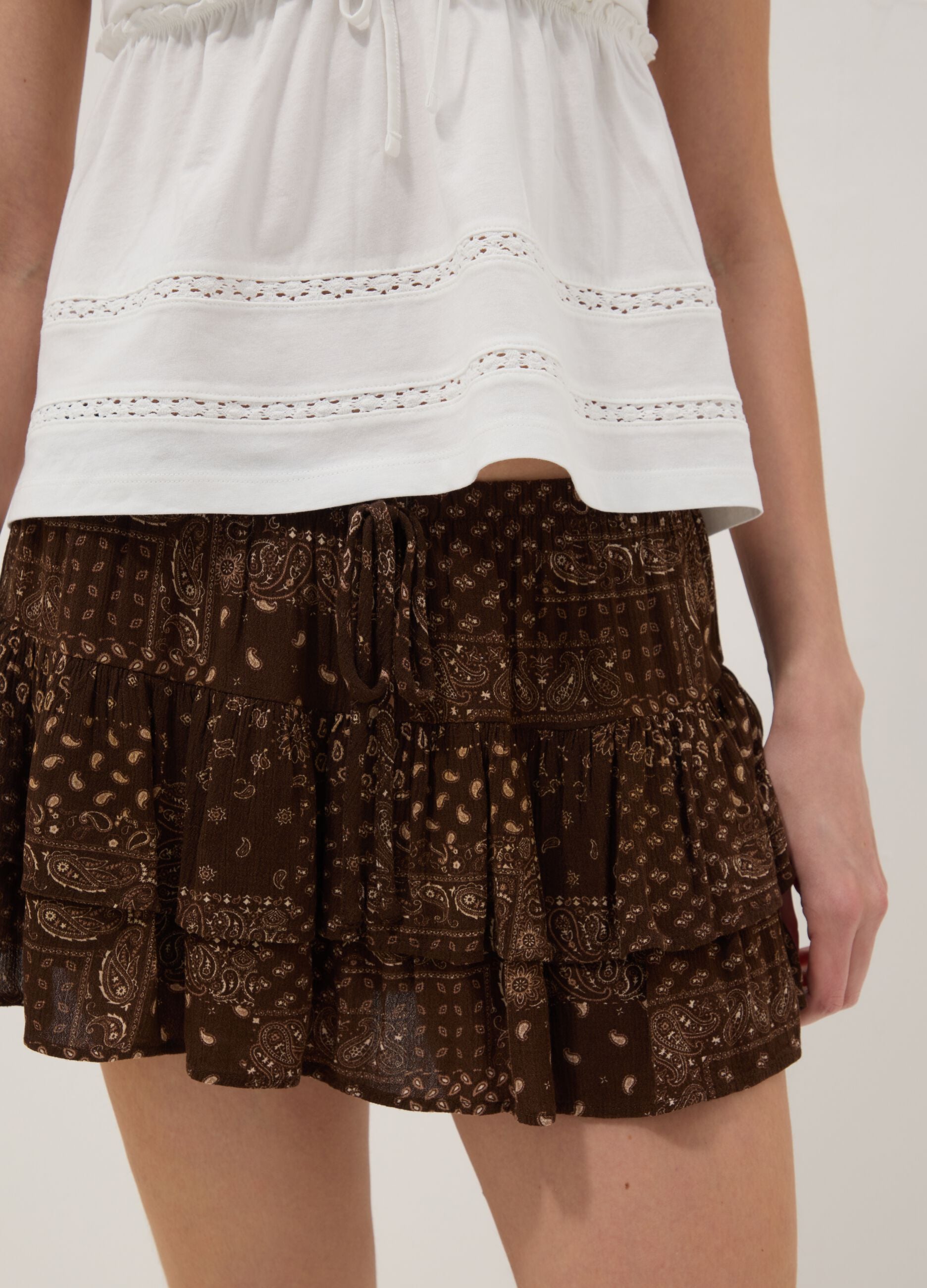 Brown pure viscose mini skirt with ruffles