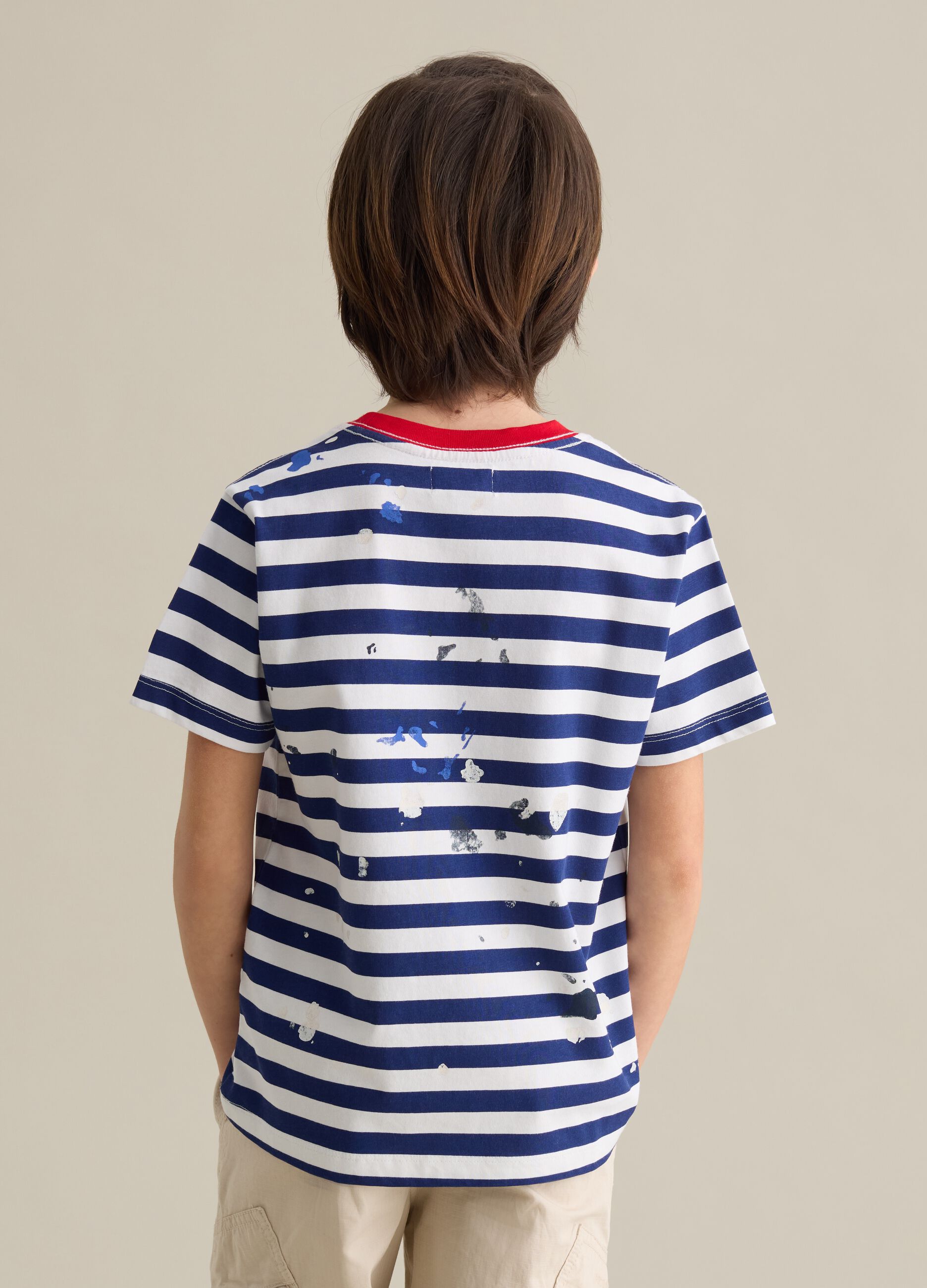 Striped cotton T-shirt with paint splatter print