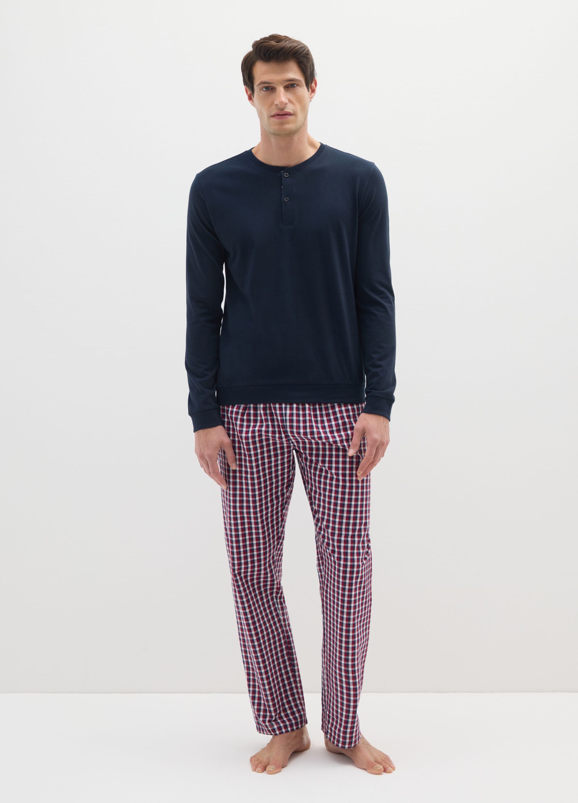 Regular fit long multicolour check pyjamas in pure cotton