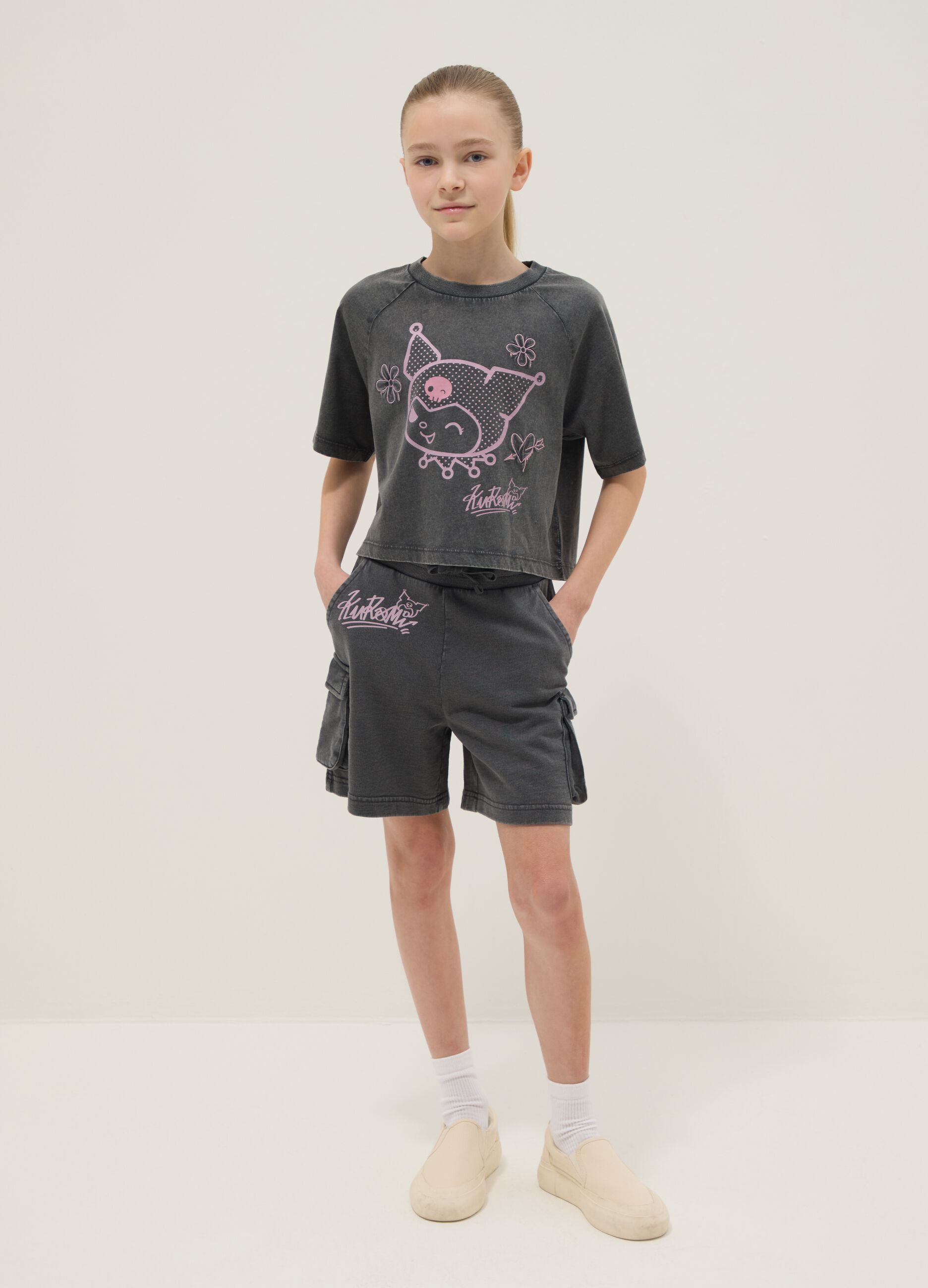 Grey cotton relaxed shirt and shorts set for girls featuring Kuromi