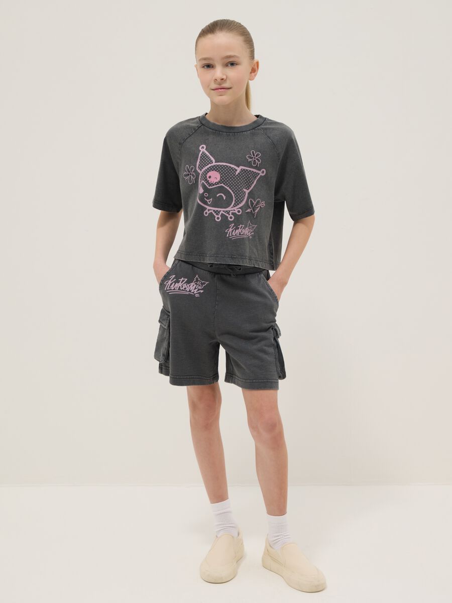 Grey cotton relaxed shirt and shorts set for girls featuring Kuromi_0