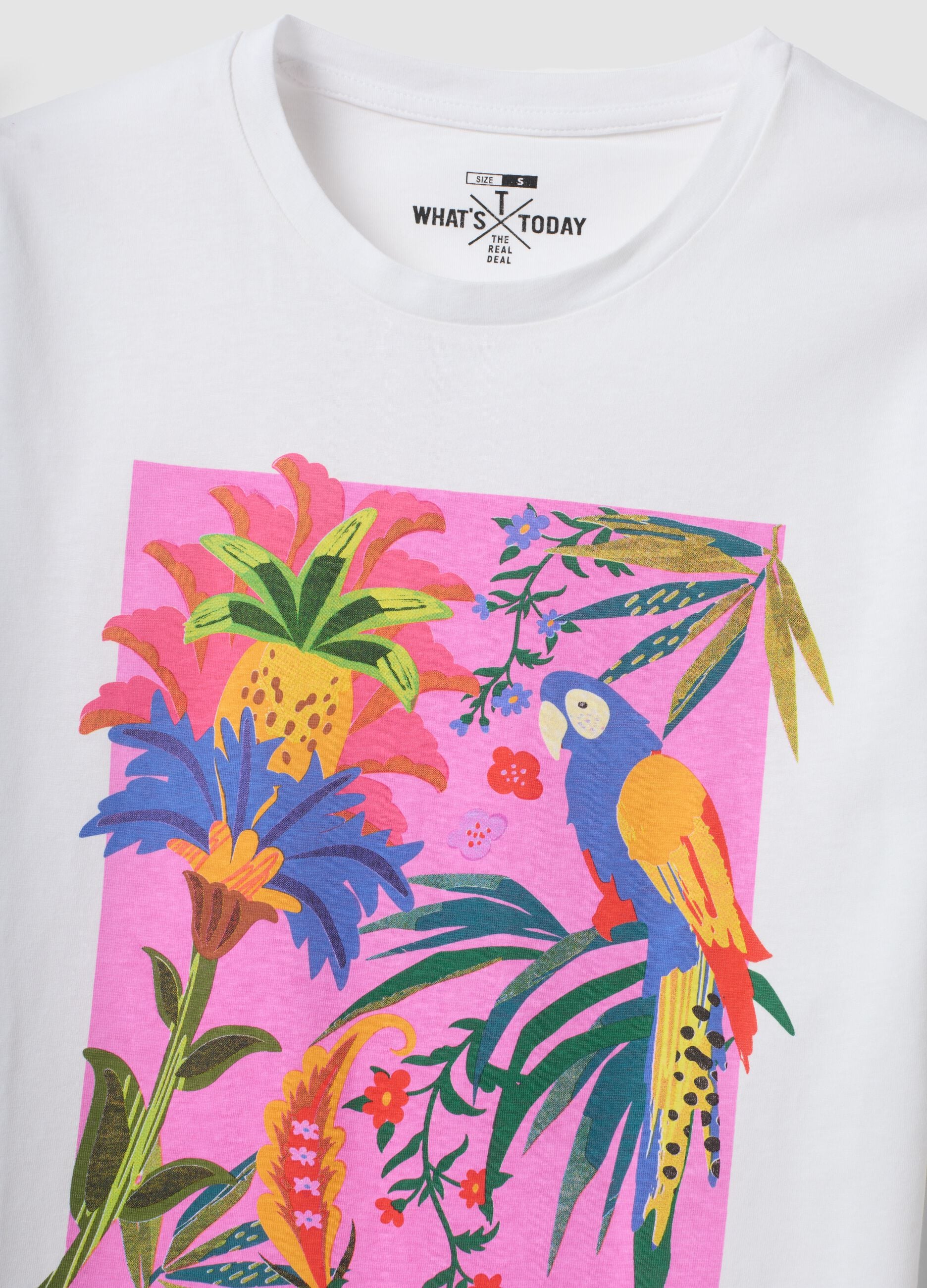 T-shirt bianca in puro cotone con stampa tropicale