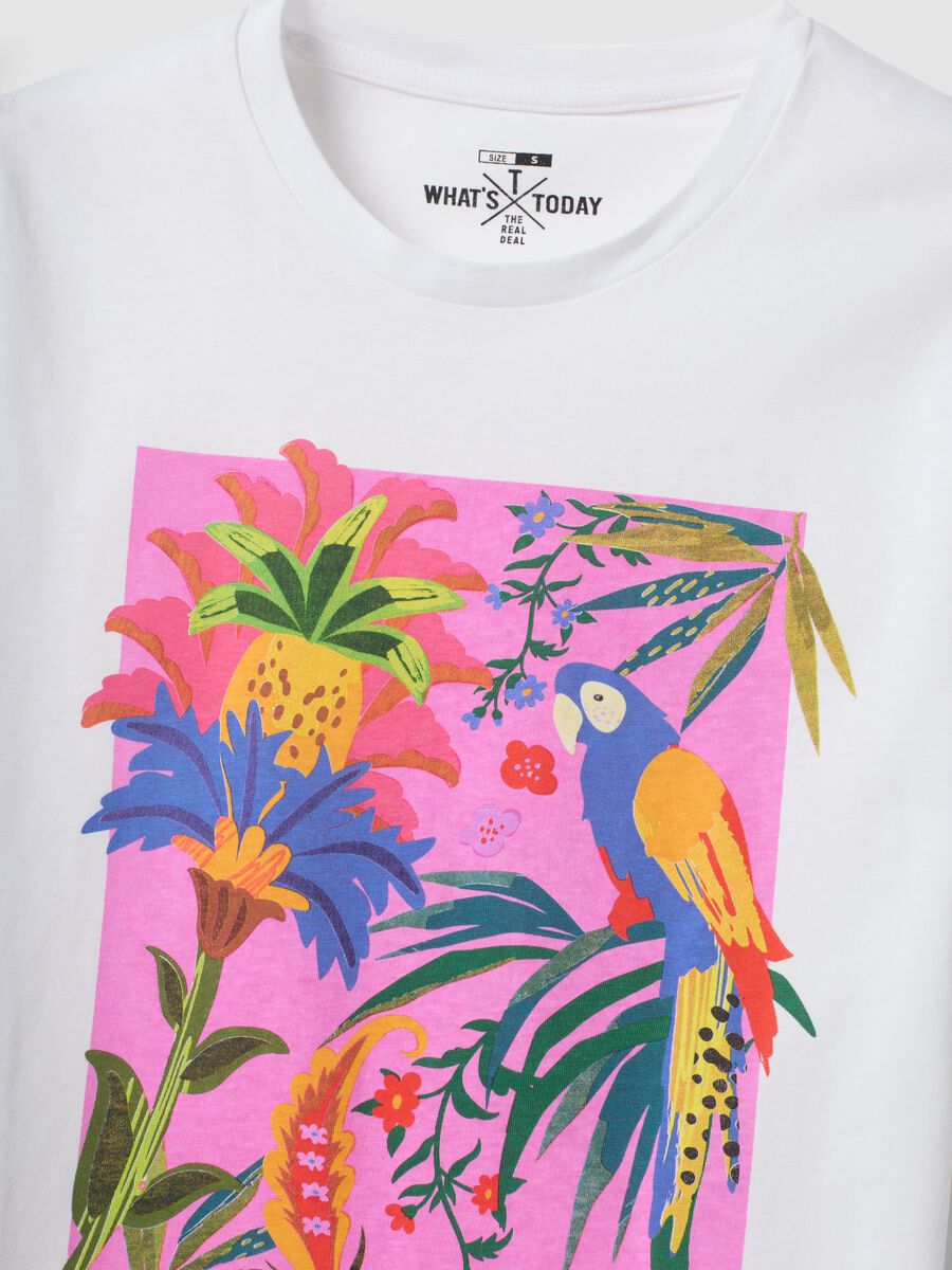 T-shirt bianca in puro cotone con stampa tropicale_1