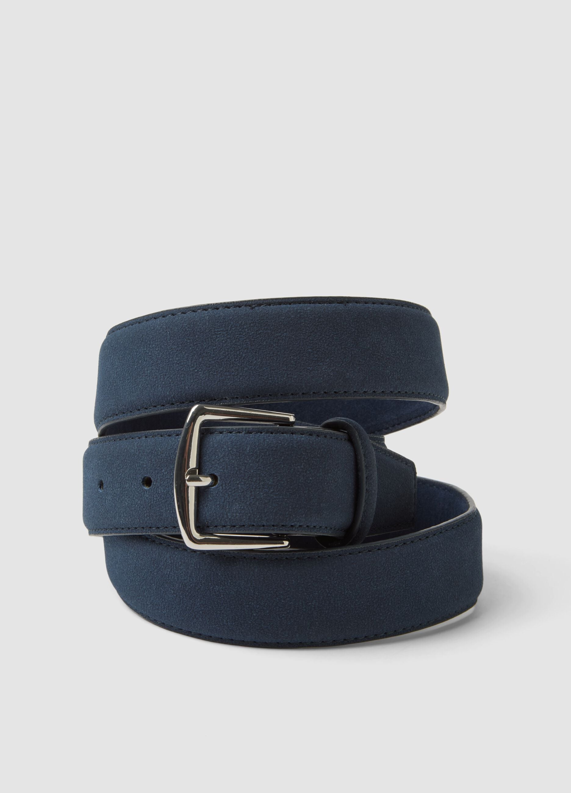 Blue belt with rectangular metal buckle
