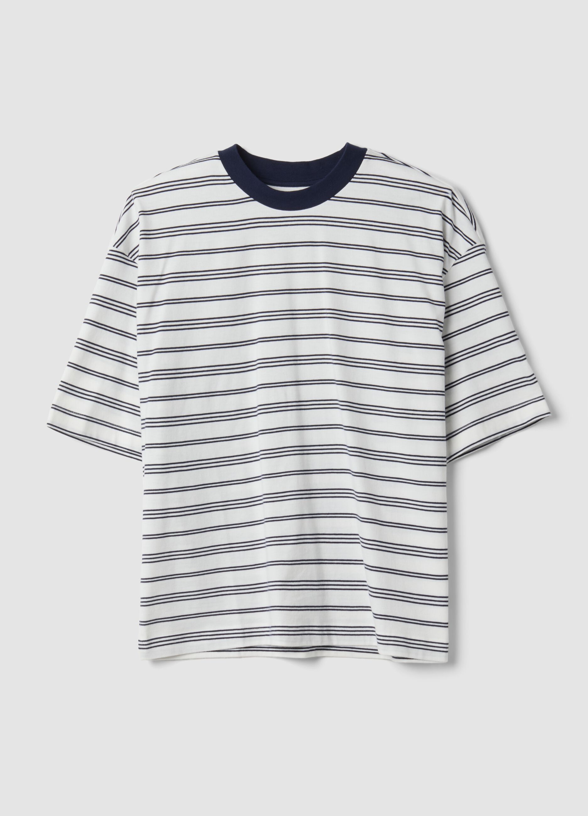 T-shirt blu a righe in puro cotone boxy fit