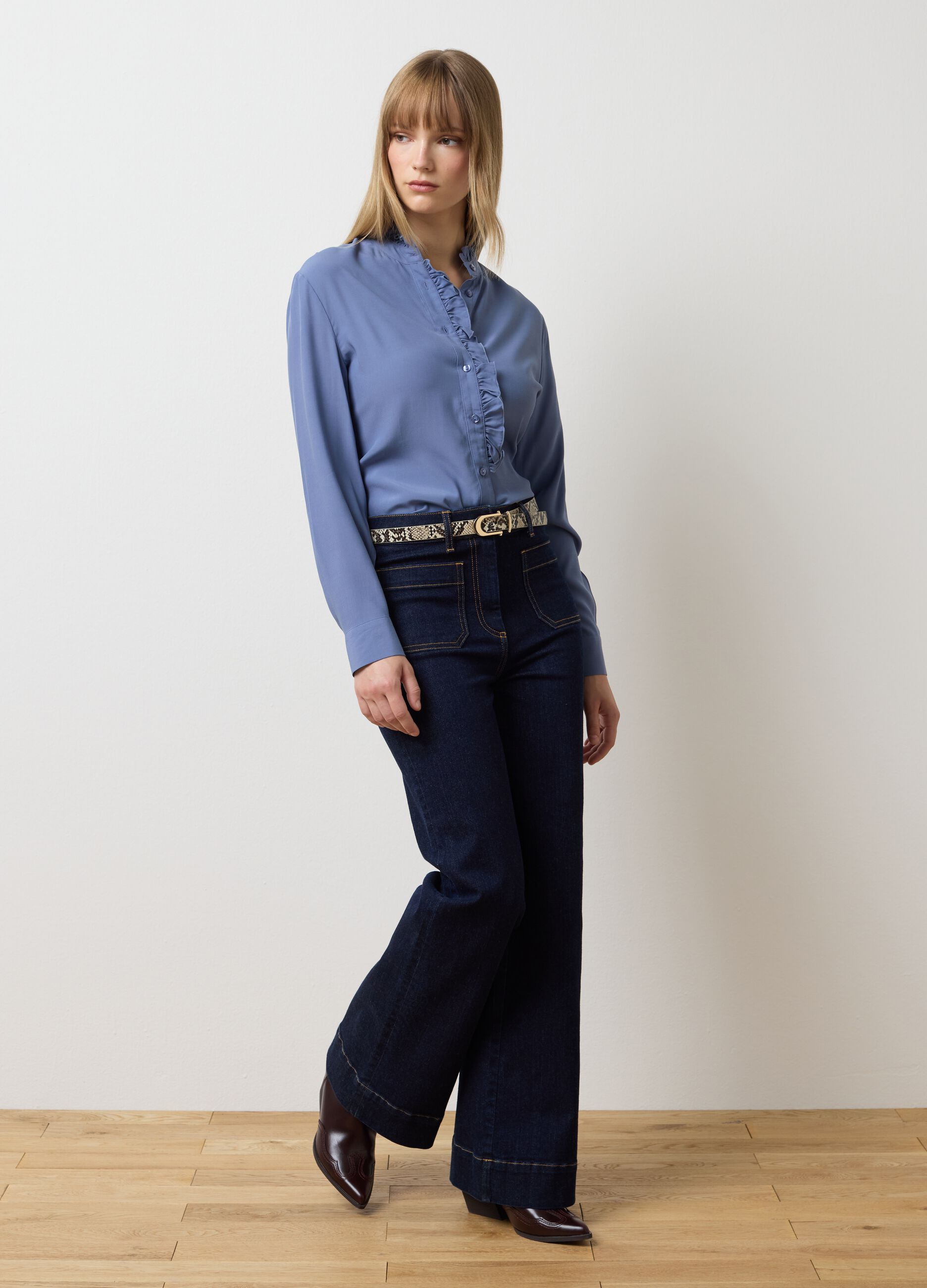 Blue regular fit shirt with ruffles