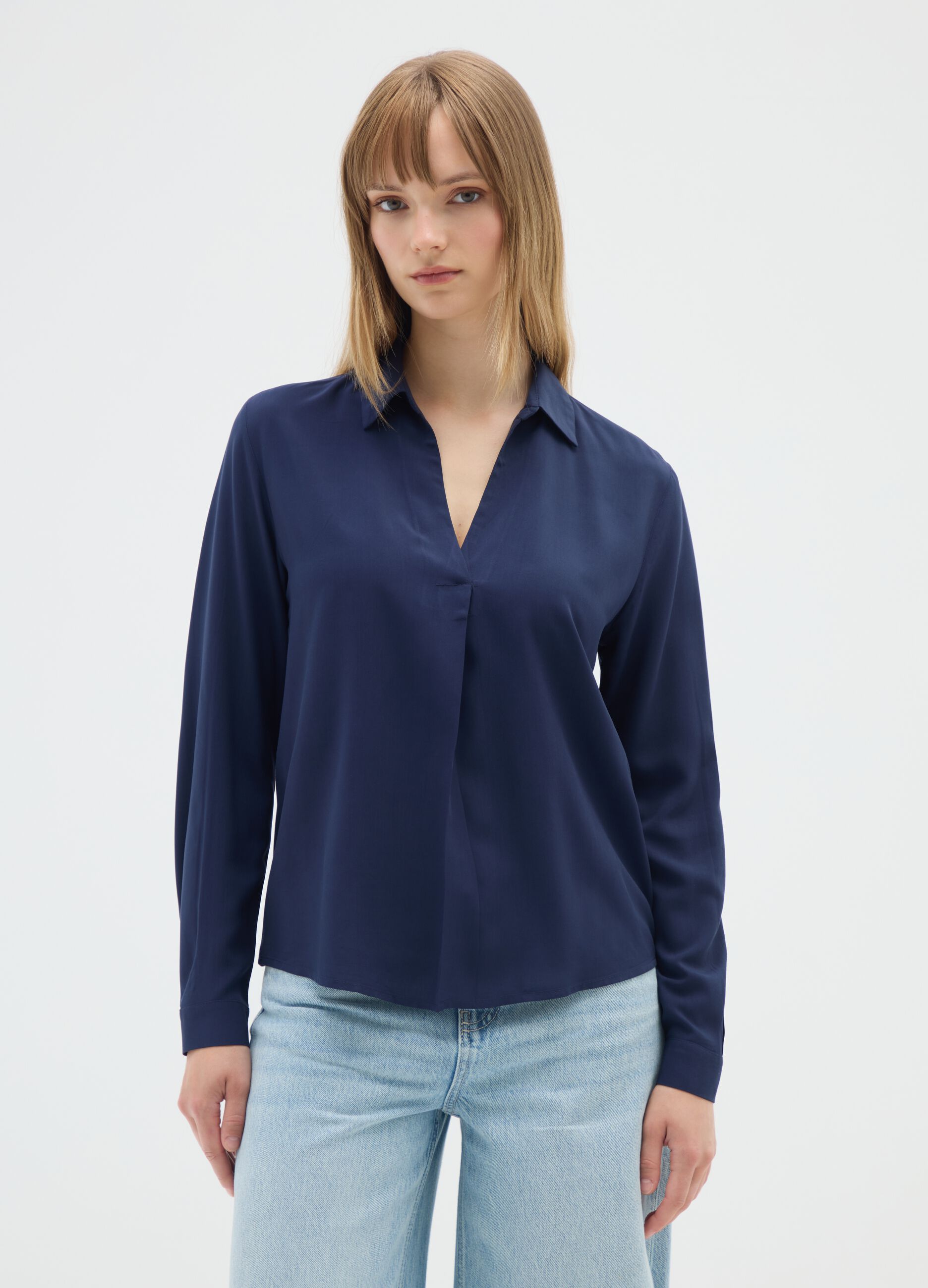 Long Sleeve Blue Viscose Shirt