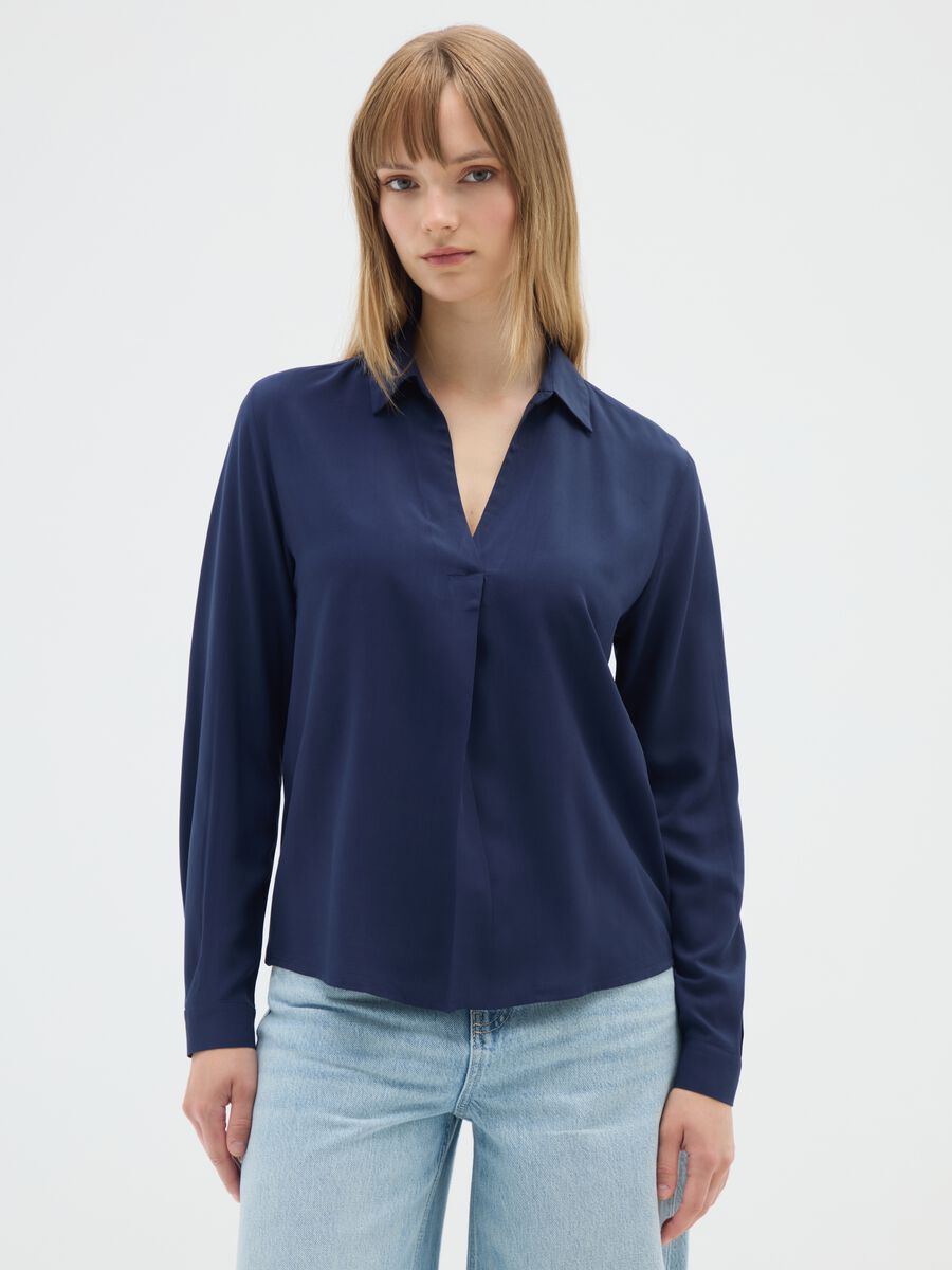 Long Sleeve Blue Viscose Shirt_0