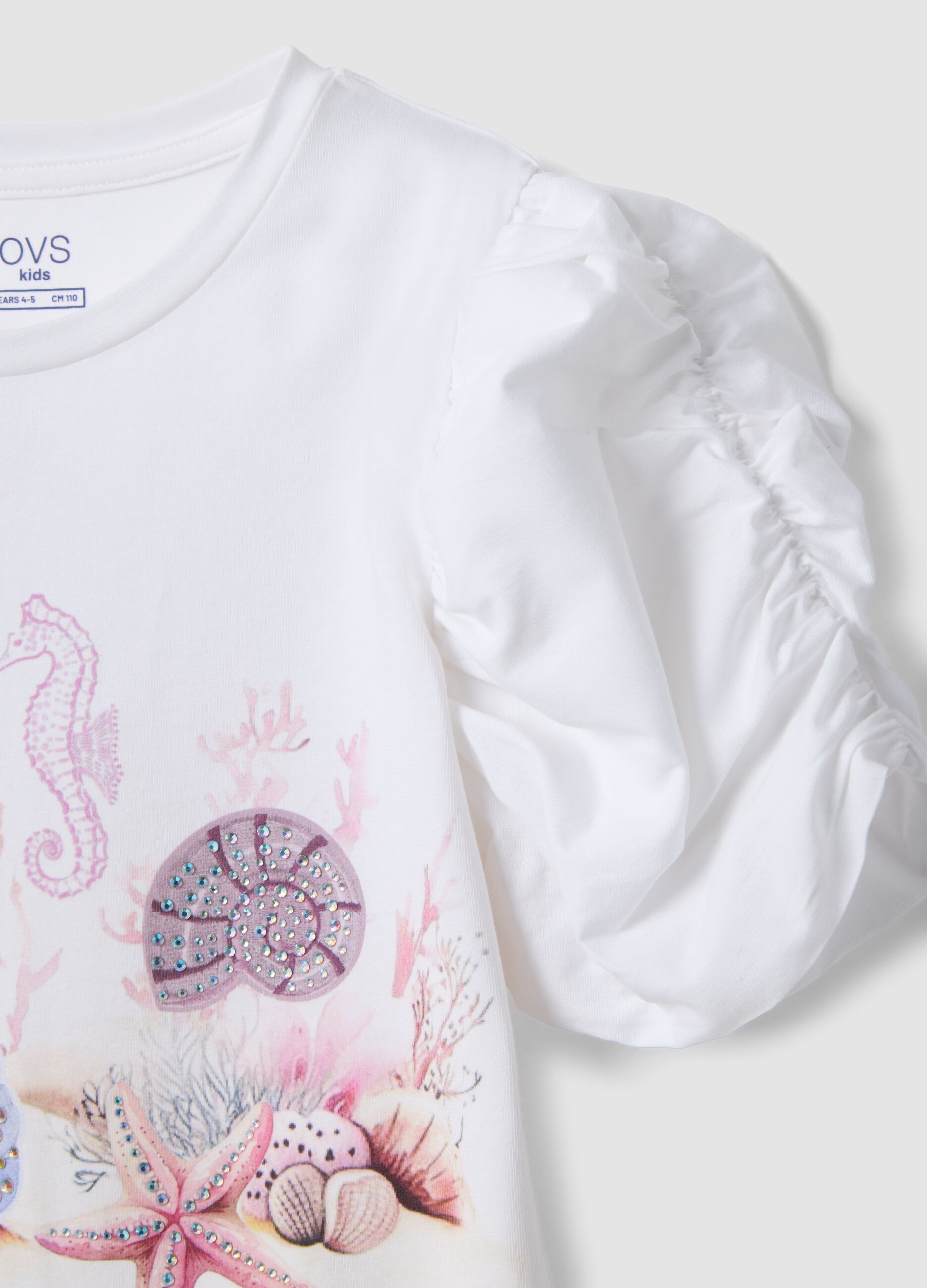 White stretch cotton T-shirt with puff sleeves