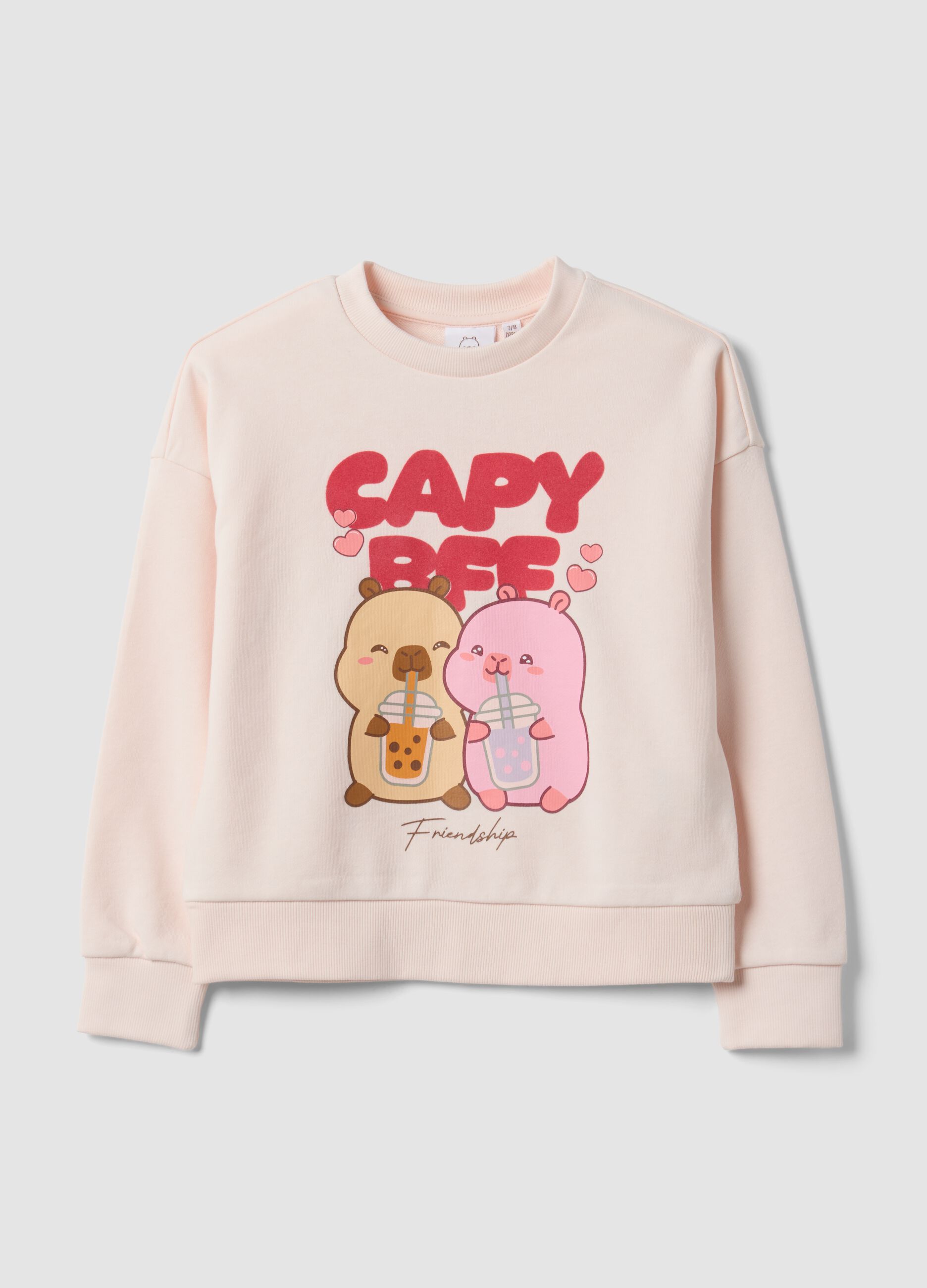 Pink cotton-blend crew-neck sweatshirt with capybara print for girls