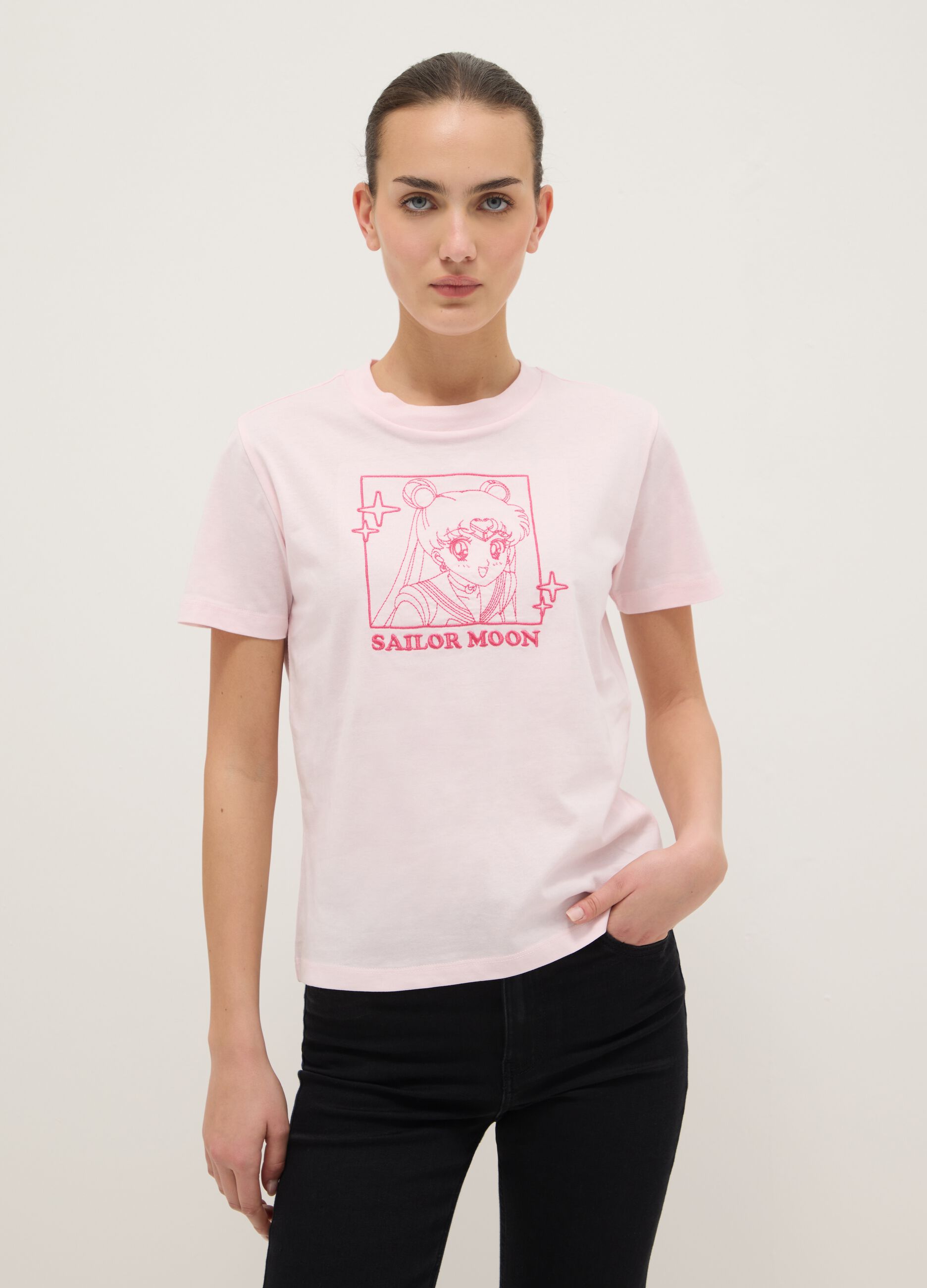 Pink pure cotton regular fit T-shirt with Sailor Moon print