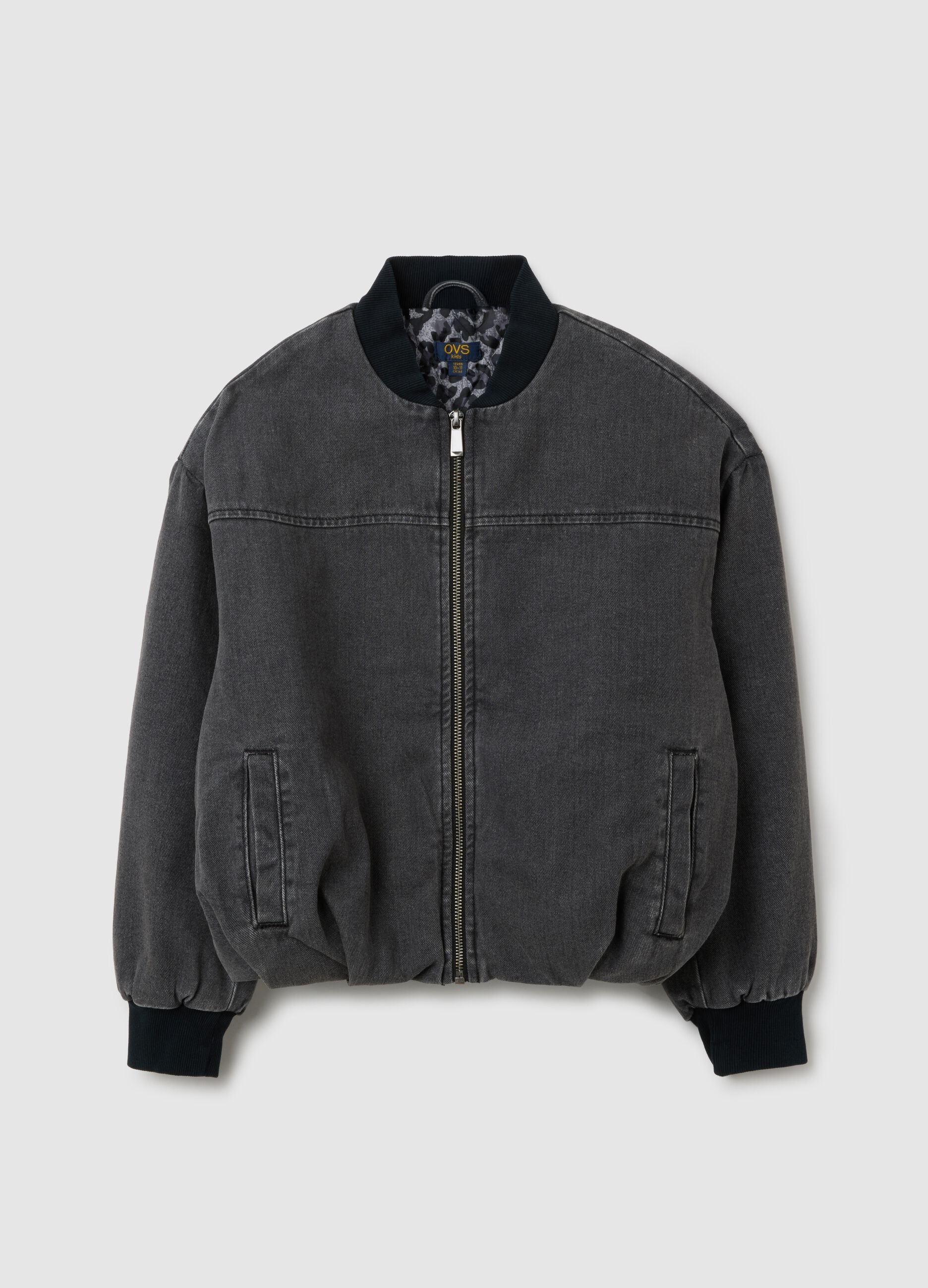 Girls' oversized grey cotton bomber jacket