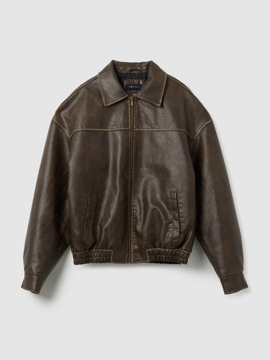Brown Faux Leather Bomber Jacket_0