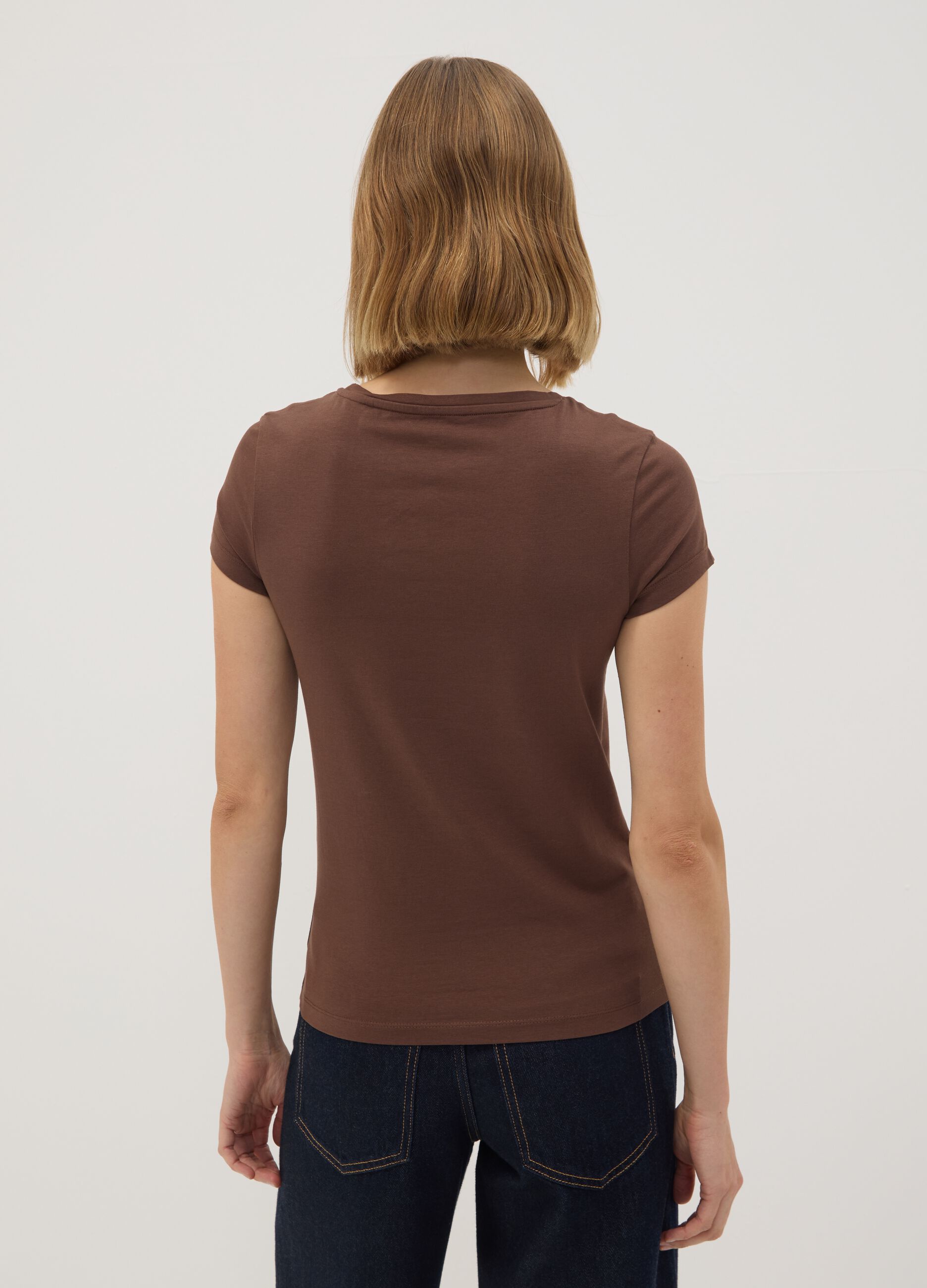 Brown stretch cotton crew-neck T-shirt, regular fit