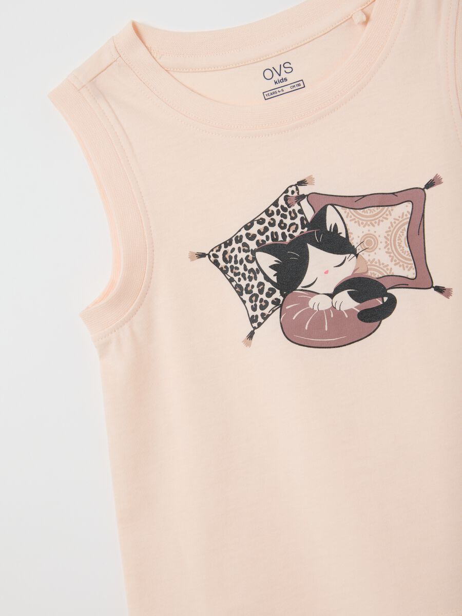 Girls' beige pure cotton tank top, regular fit with print_3