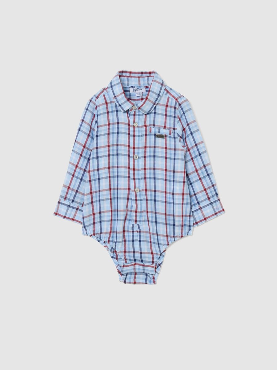 Multicoloured check baby bodysuit in pure cotton with collar_0