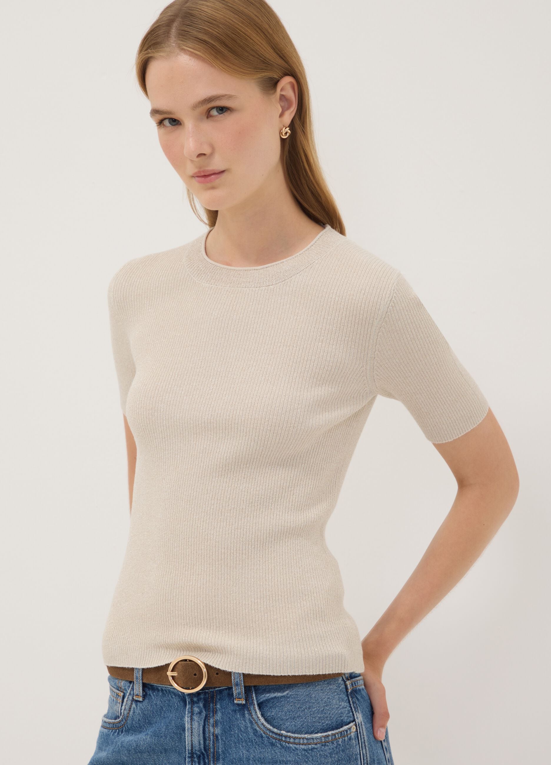 Beige fitted ribbed viscose-blend knit top