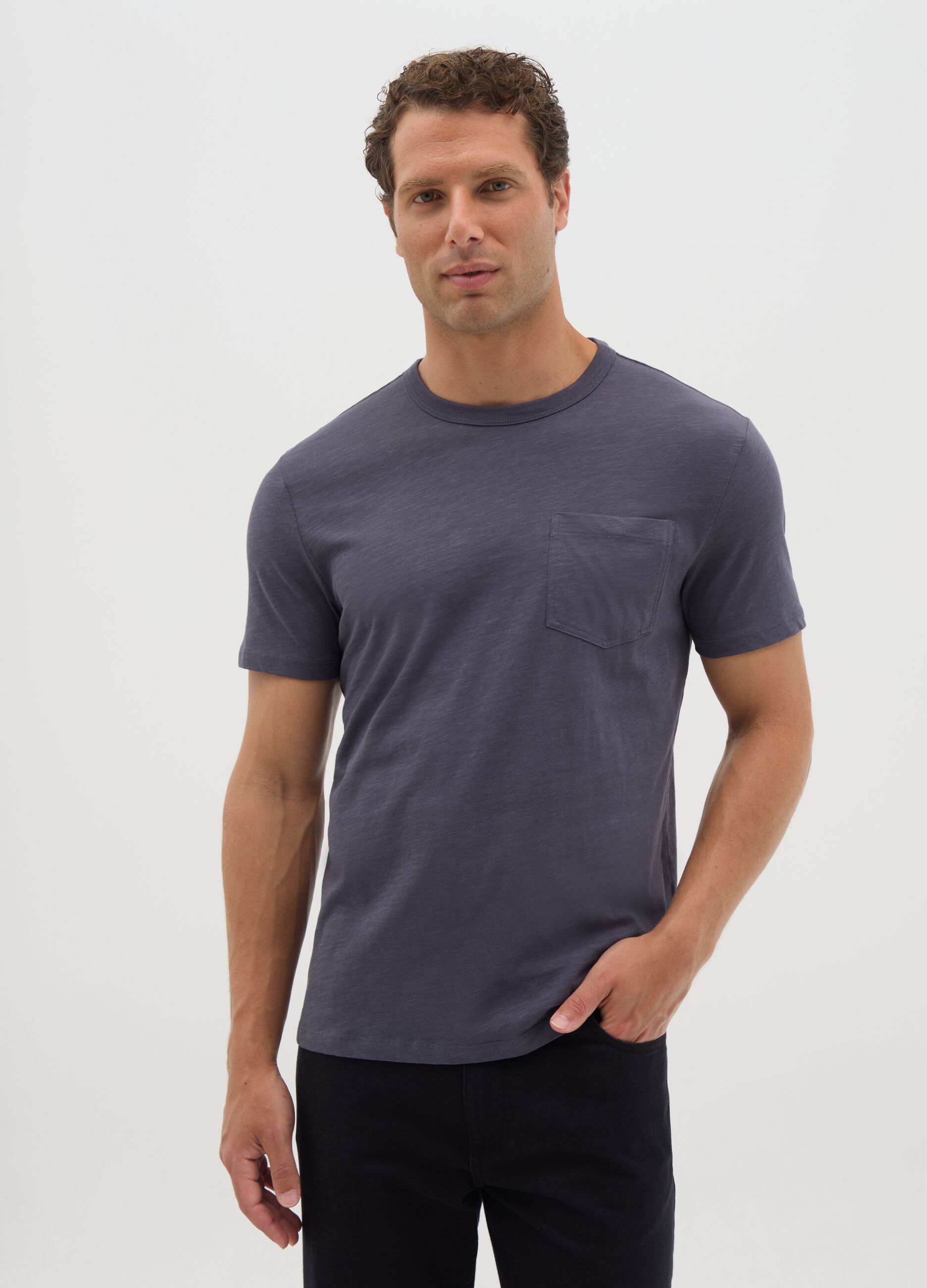 Grey pure cotton regular fit men's T-shirt with pocket