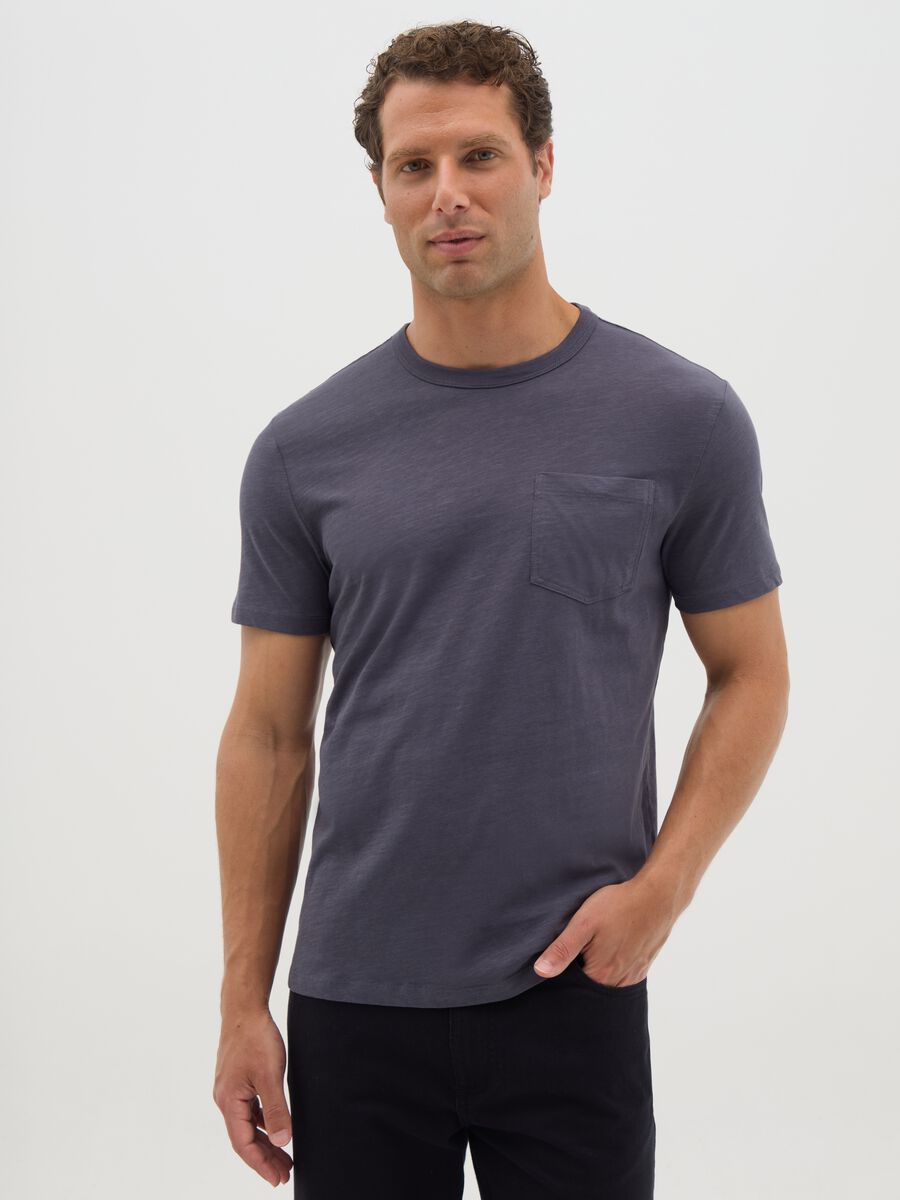 Grey pure cotton regular fit men's T-shirt with pocket_0