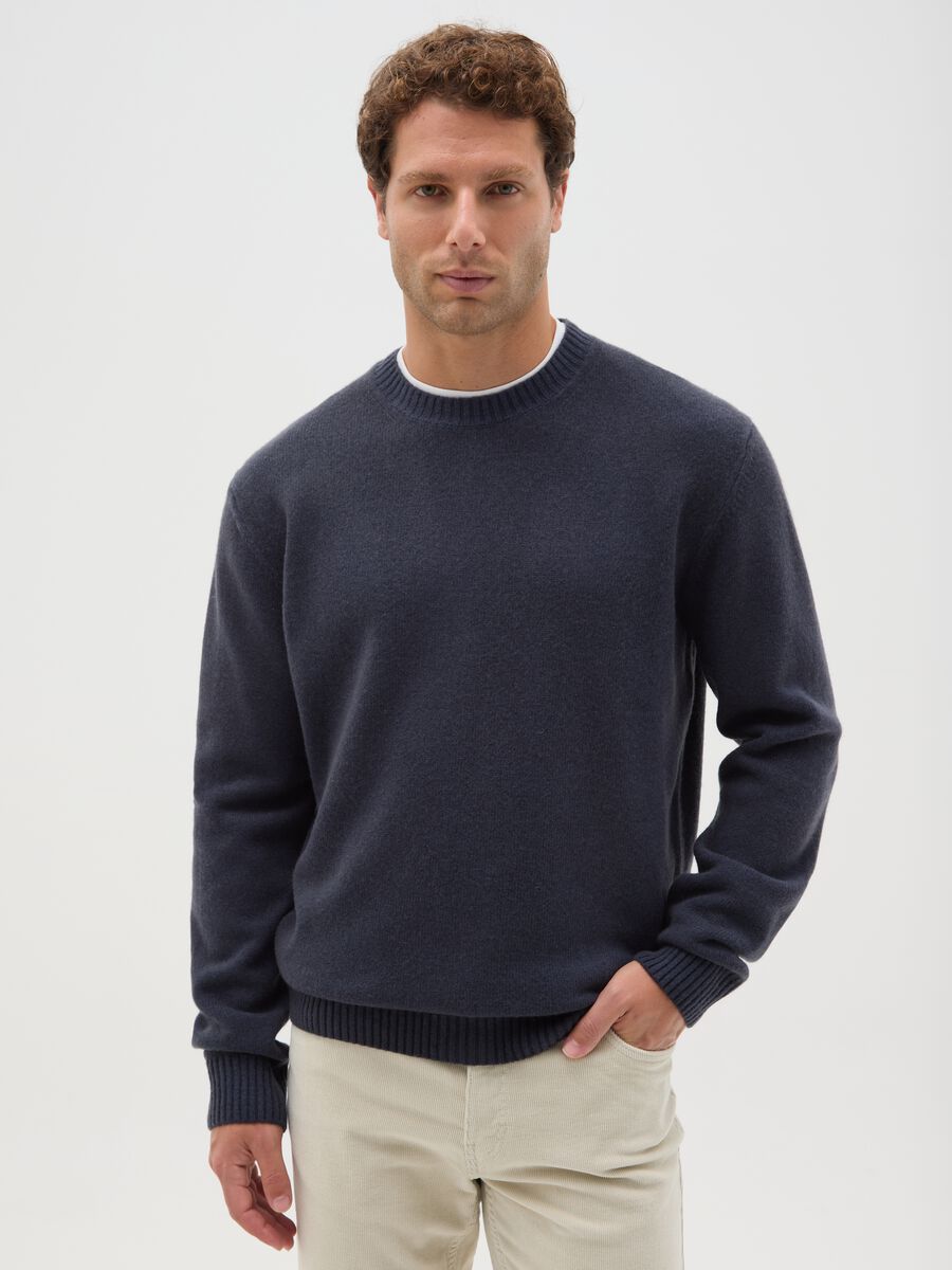 Blue crew neck sweater in regular fit wool blend_0