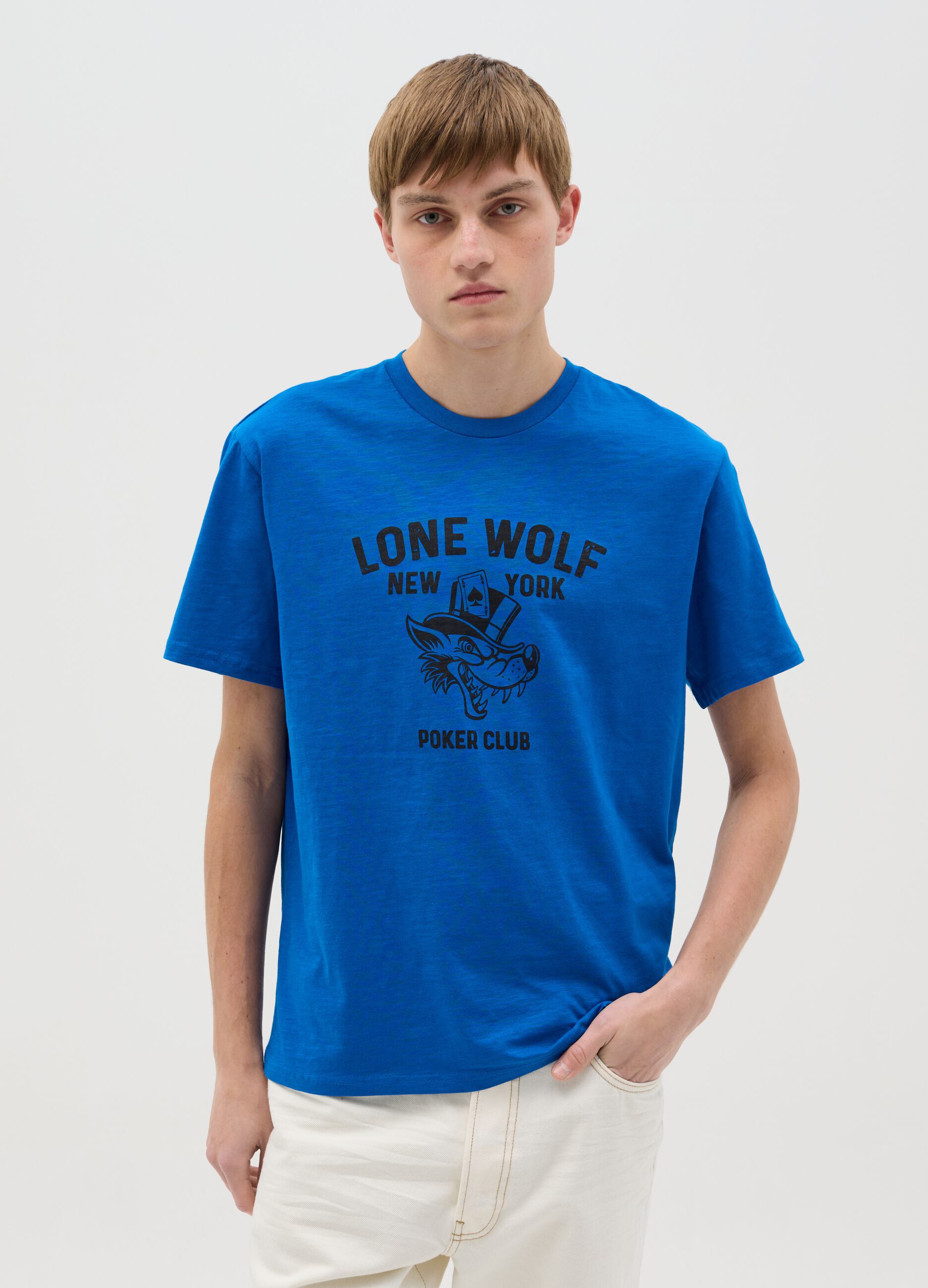 Cotton T-shirt with poker motif wolf print