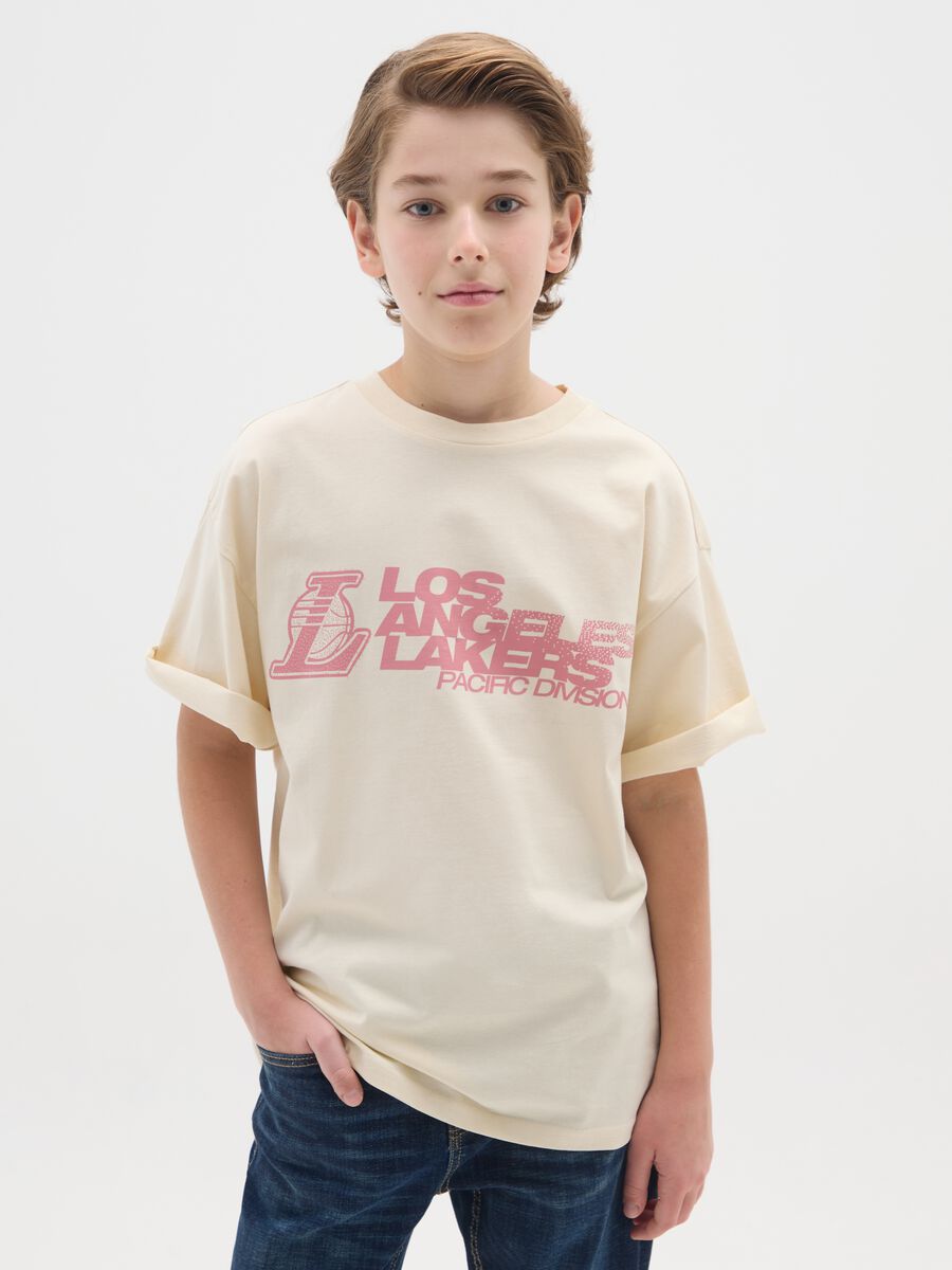 Children's beige pure cotton T-shirt regular fit with Los Angeles Lakers logo_0