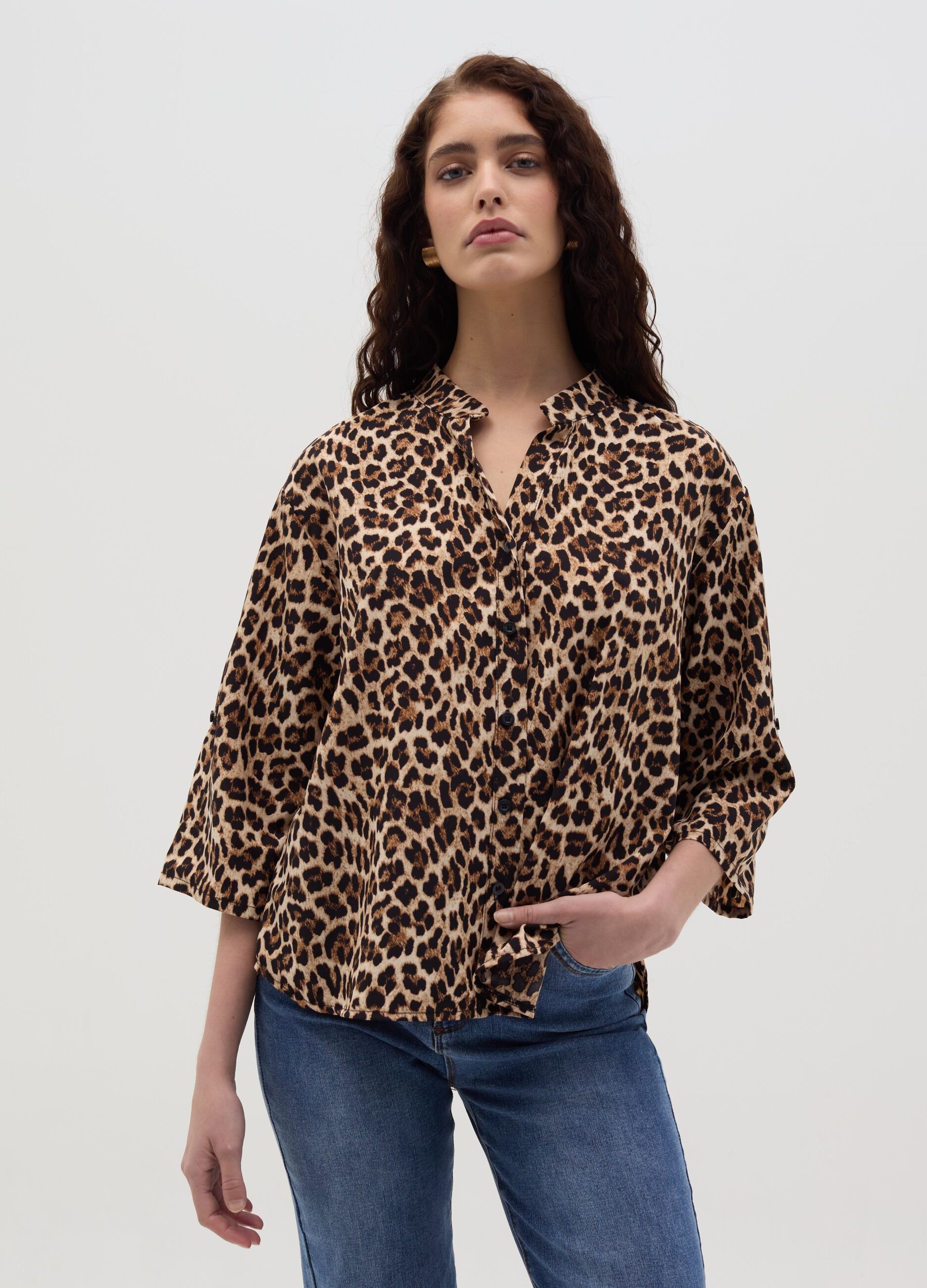 Animal print blouse with kimono sleeves