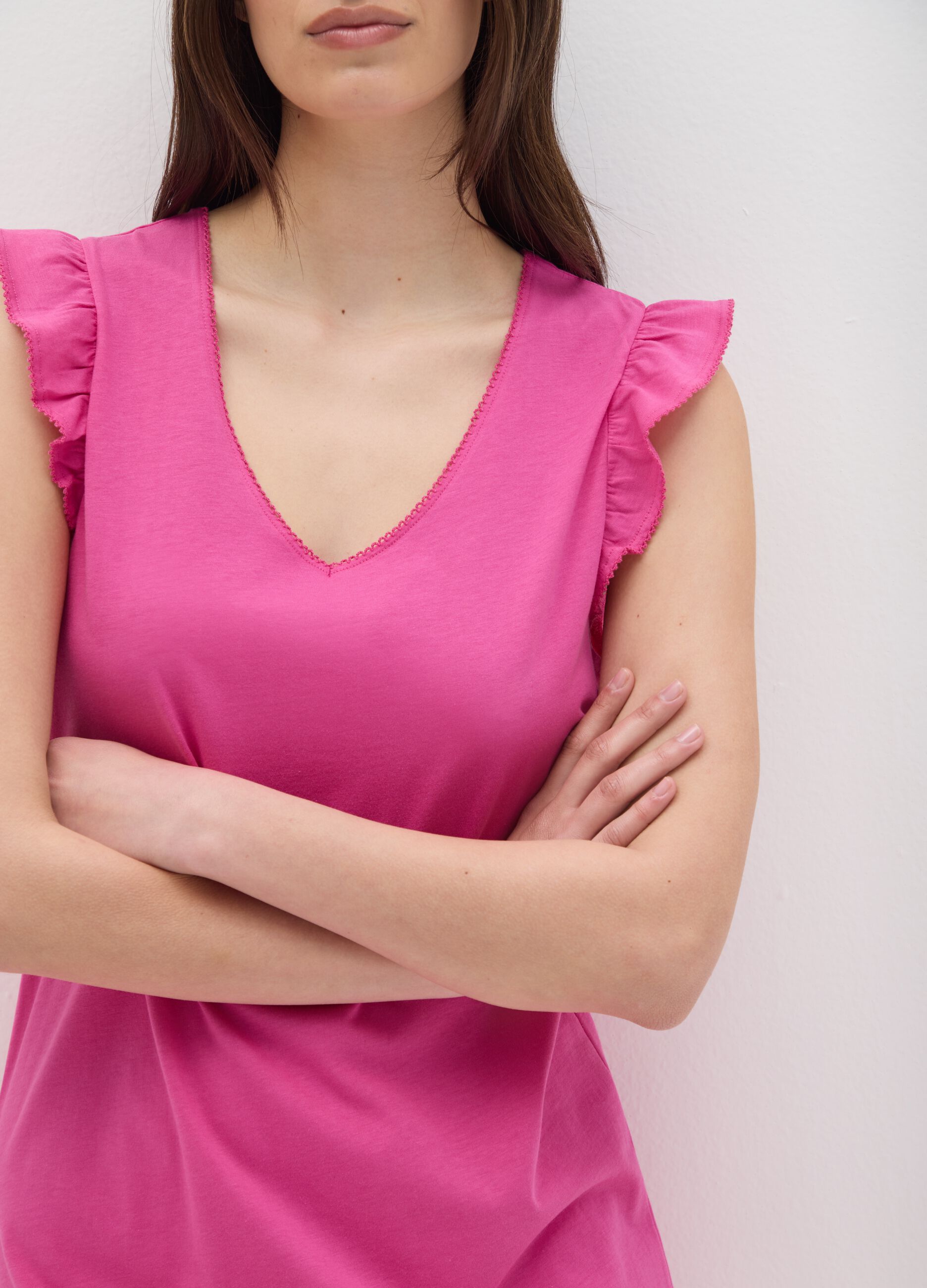 Camicia da notte fuxia in cotone con scollo a V