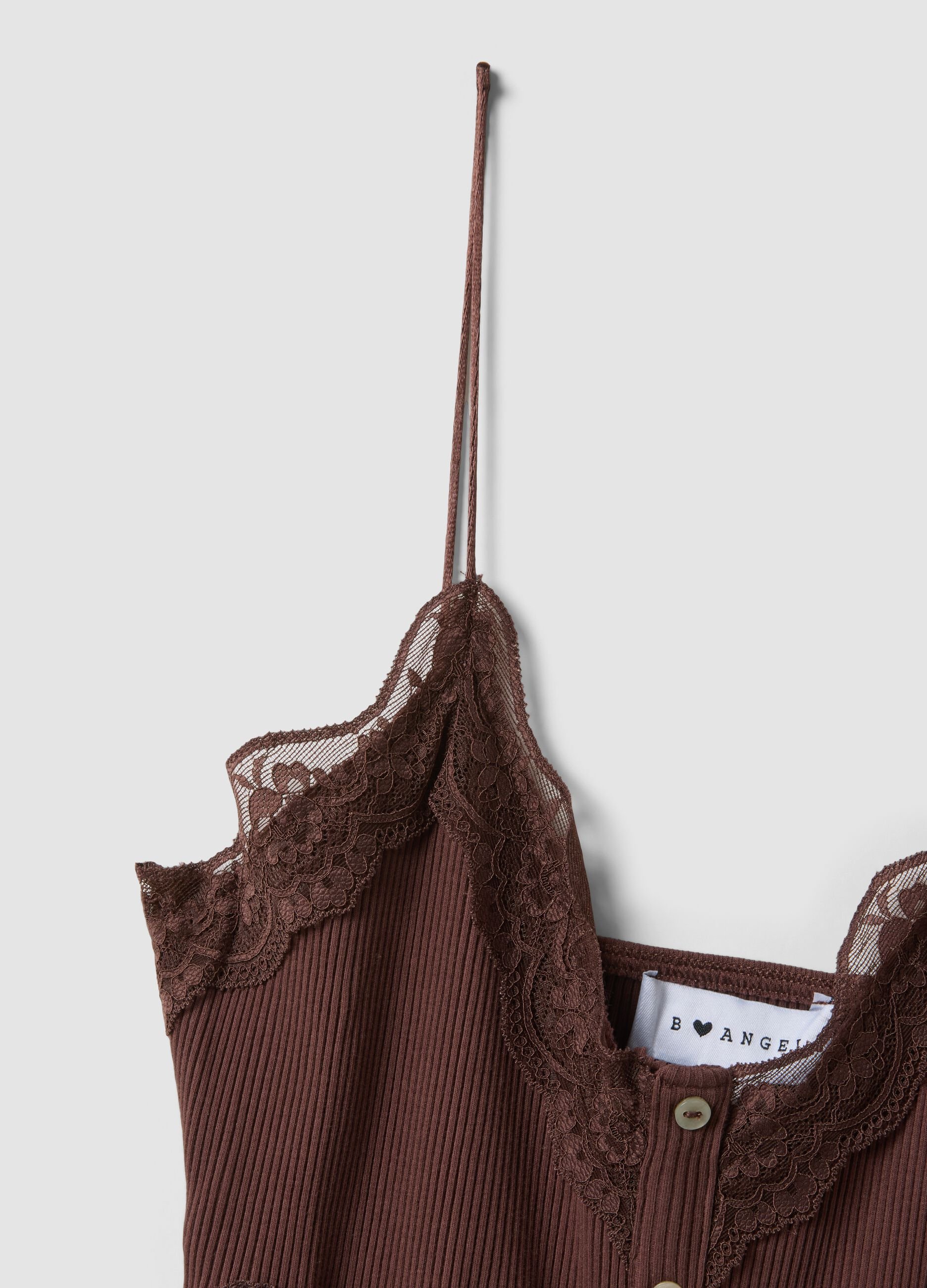 Brown stretch cotton fitted top with lace trim