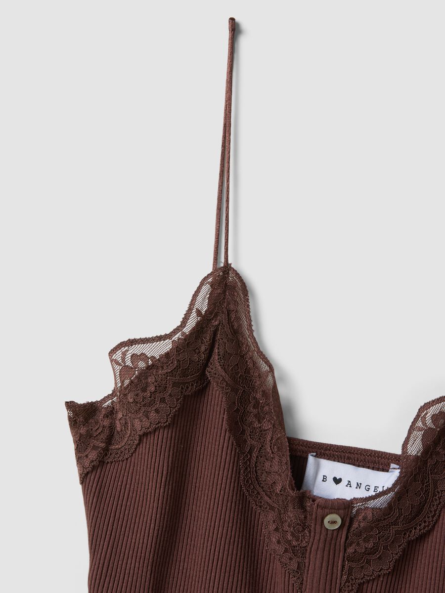 Brown stretch cotton fitted top with lace trim_1