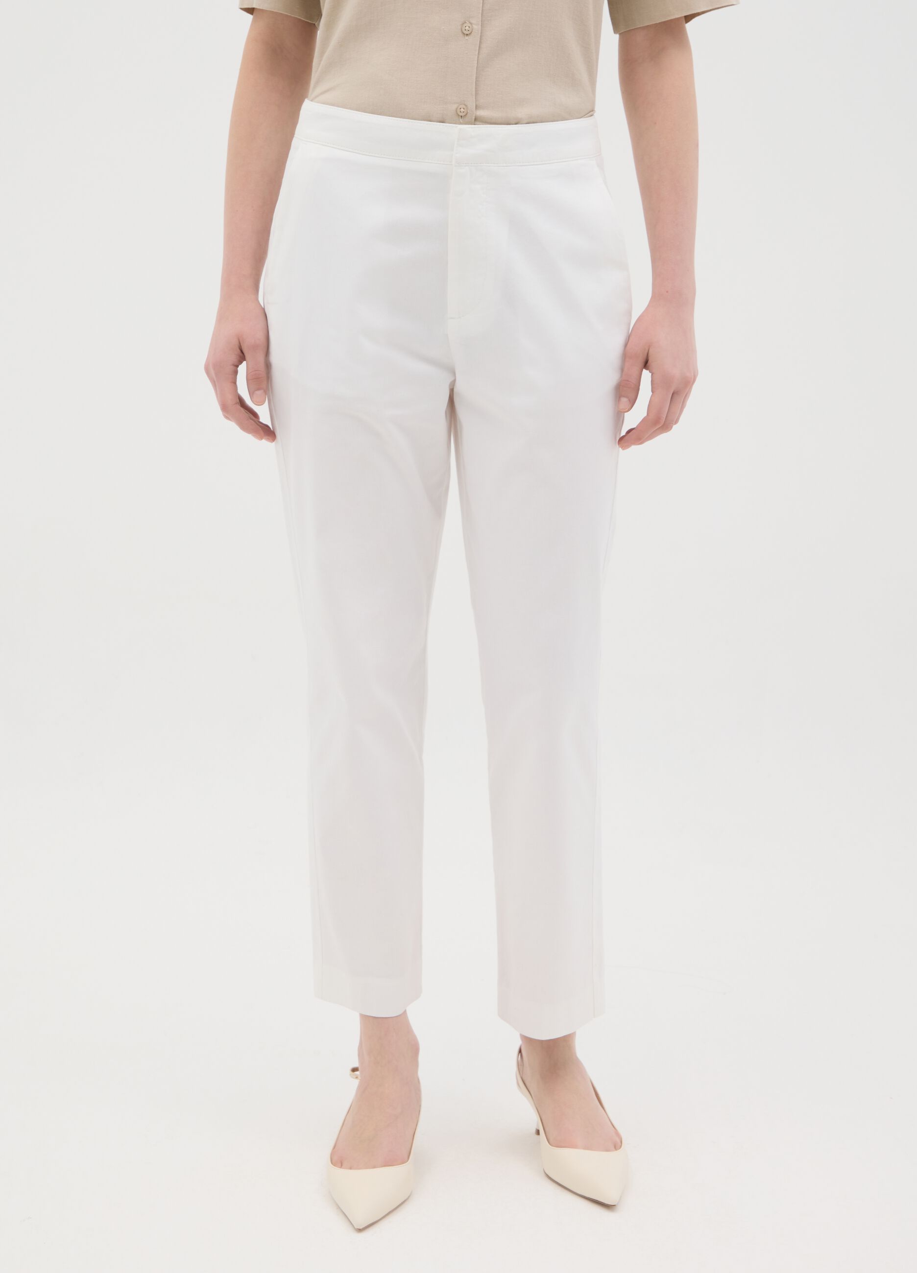 Women's pure white cotton trousers, regular fit with high waist