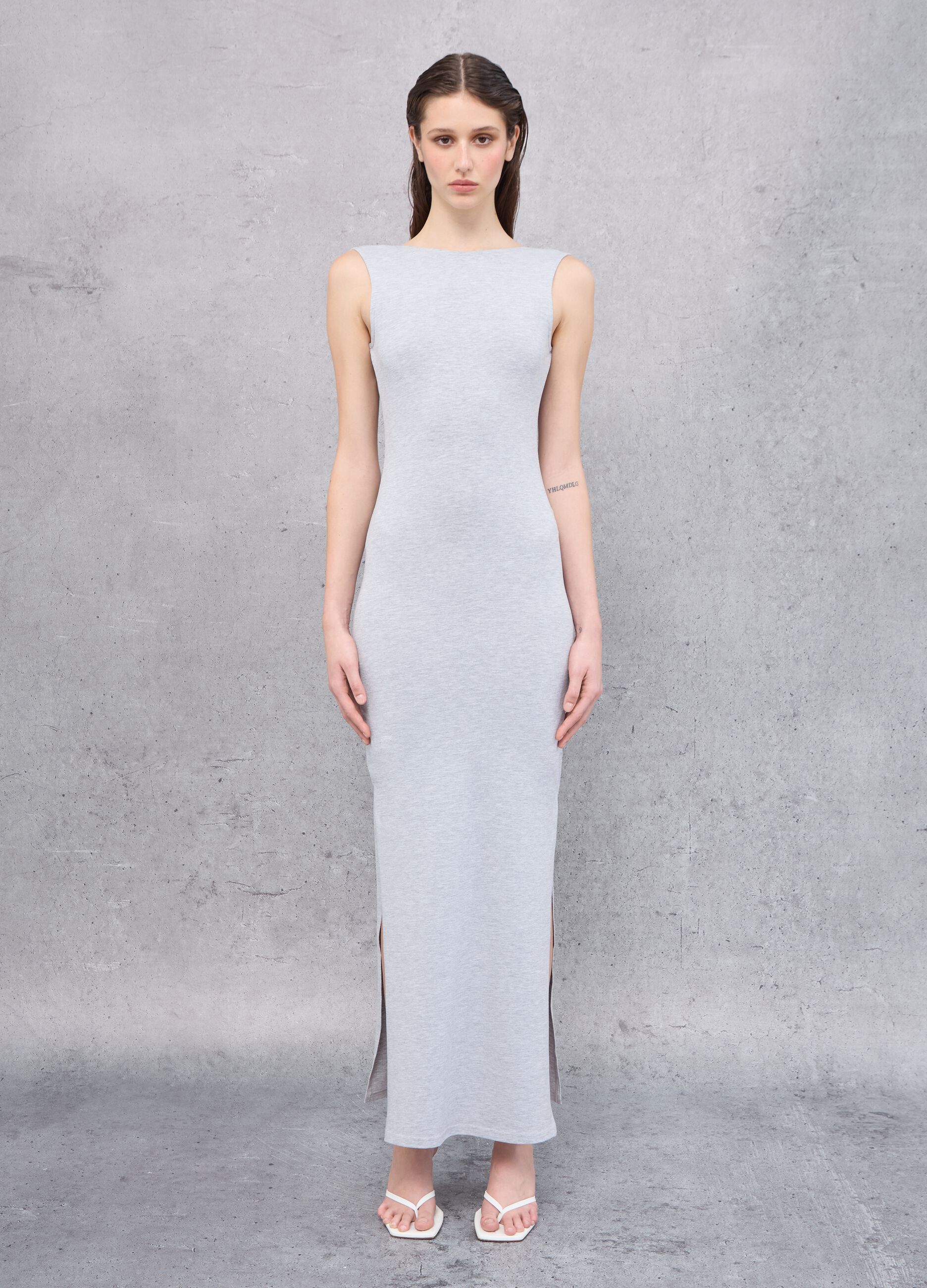 Grey Melange Backless Long Dress 