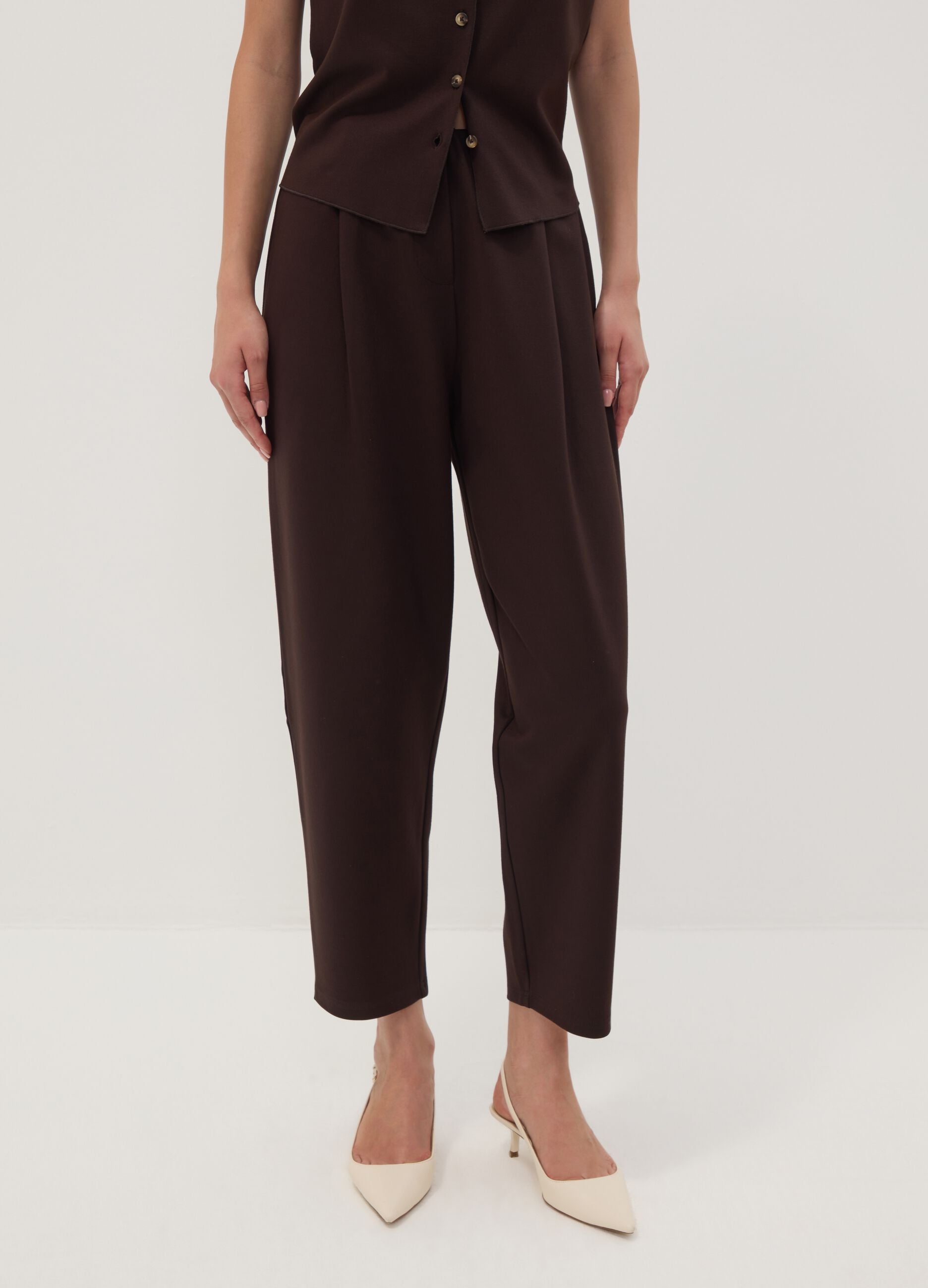 Brown stretch viscose Milano stitch barrel-fit jogger trousers