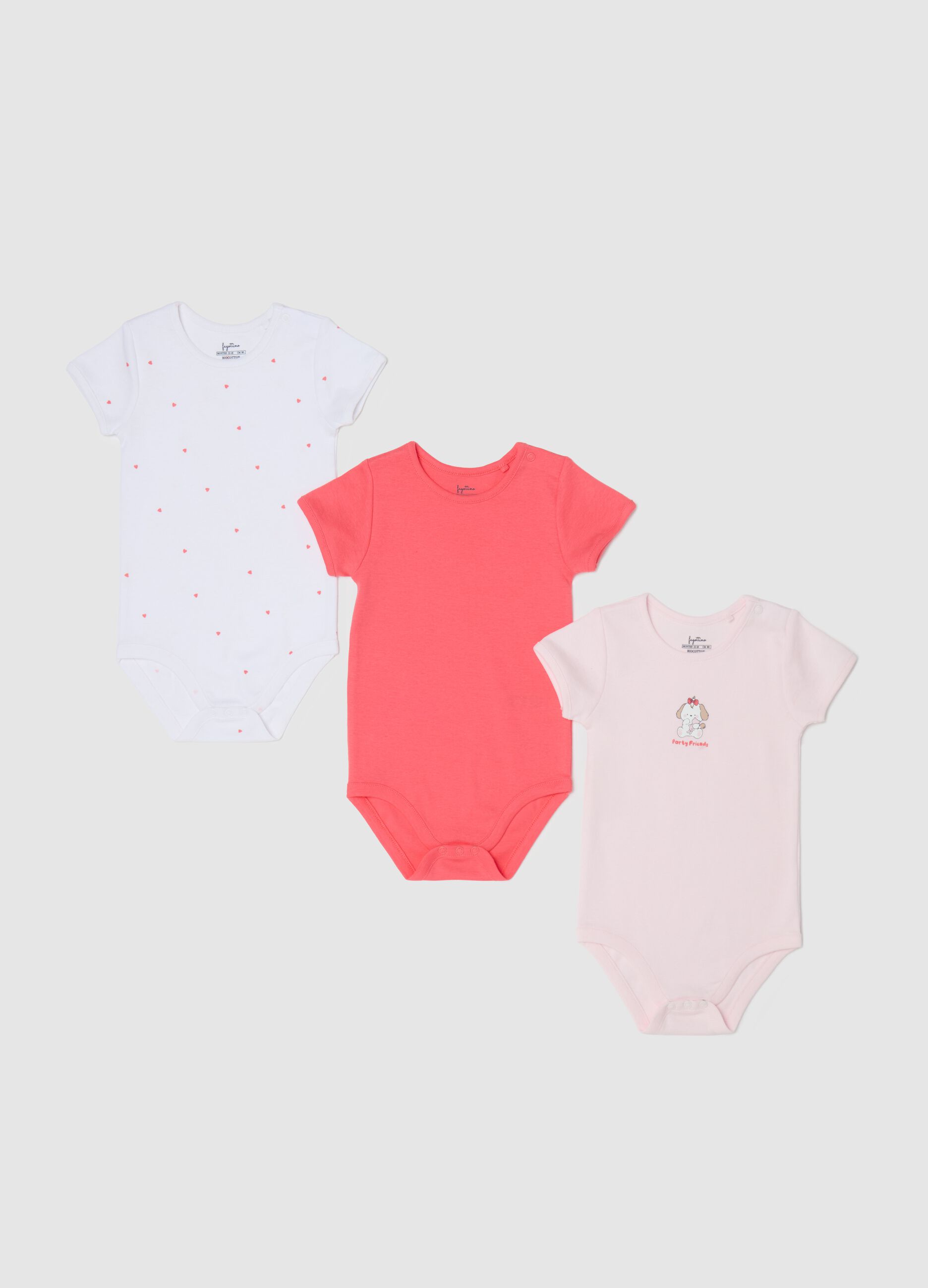 Three-pack bodysuits in organic cotton with small hearts and girl puppy print