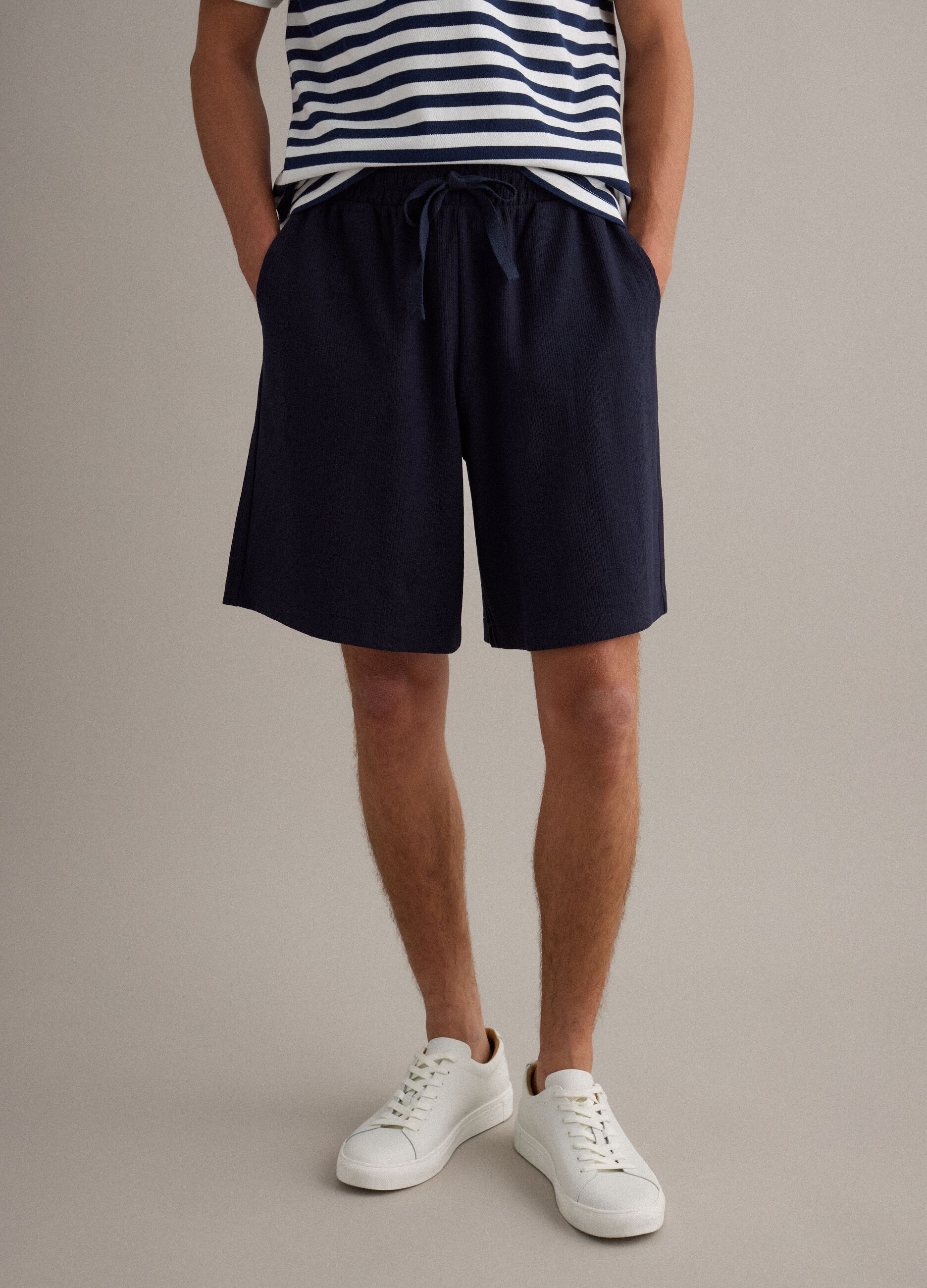 Blue cotton-blend relaxed-fit jogger shorts with drawstring