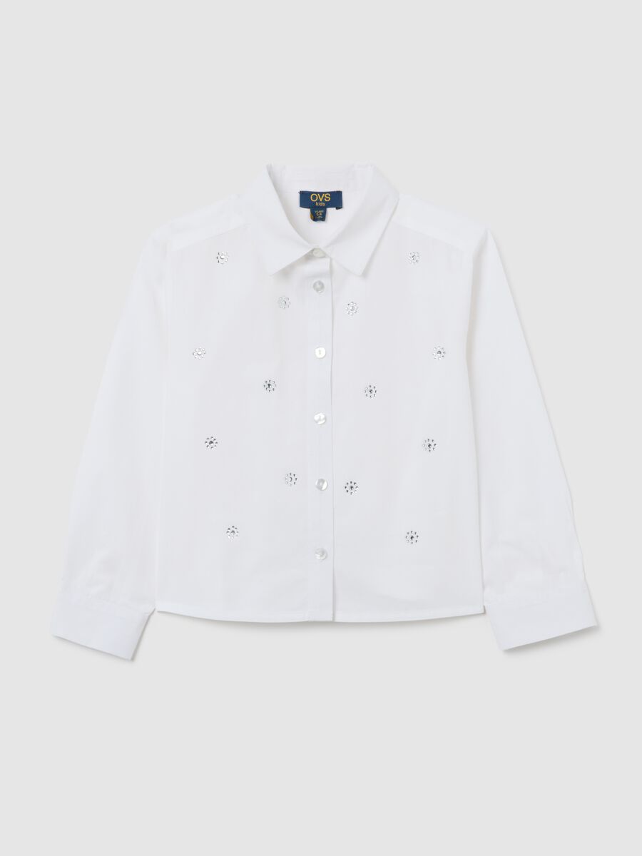 Camicia da bambina in puro cotone bianca regular fit con ricami_0