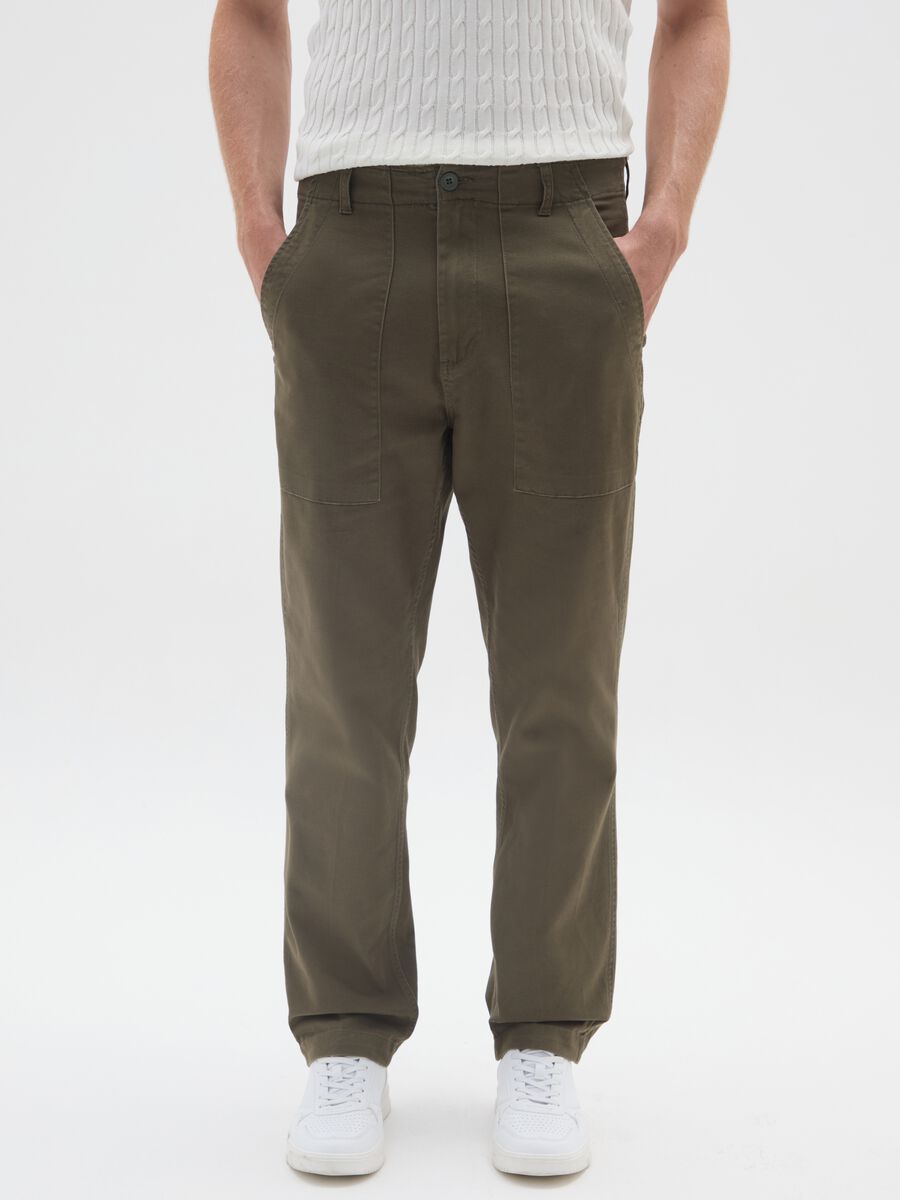 Green Stretch Cotton Blend Baggy Trousers_1