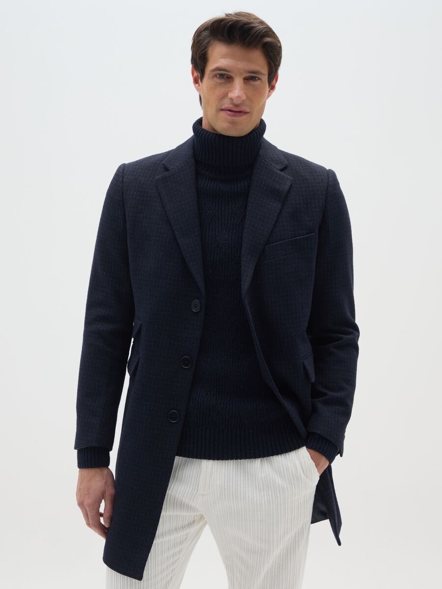 Cappotto lungo blu a quadri regular fit in pied de poule_0