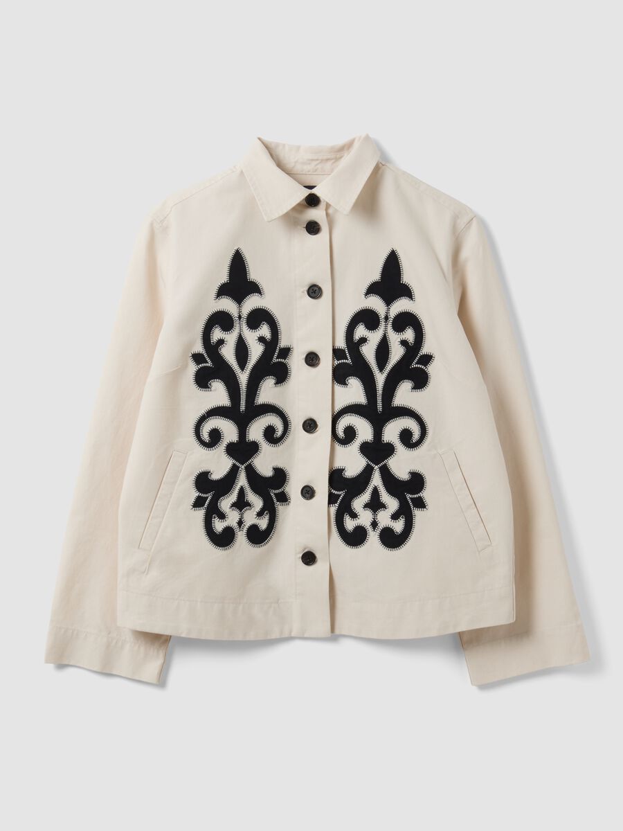 Blazer bianco in misto lino e lyocell con ricami a contrasto regular fit_0