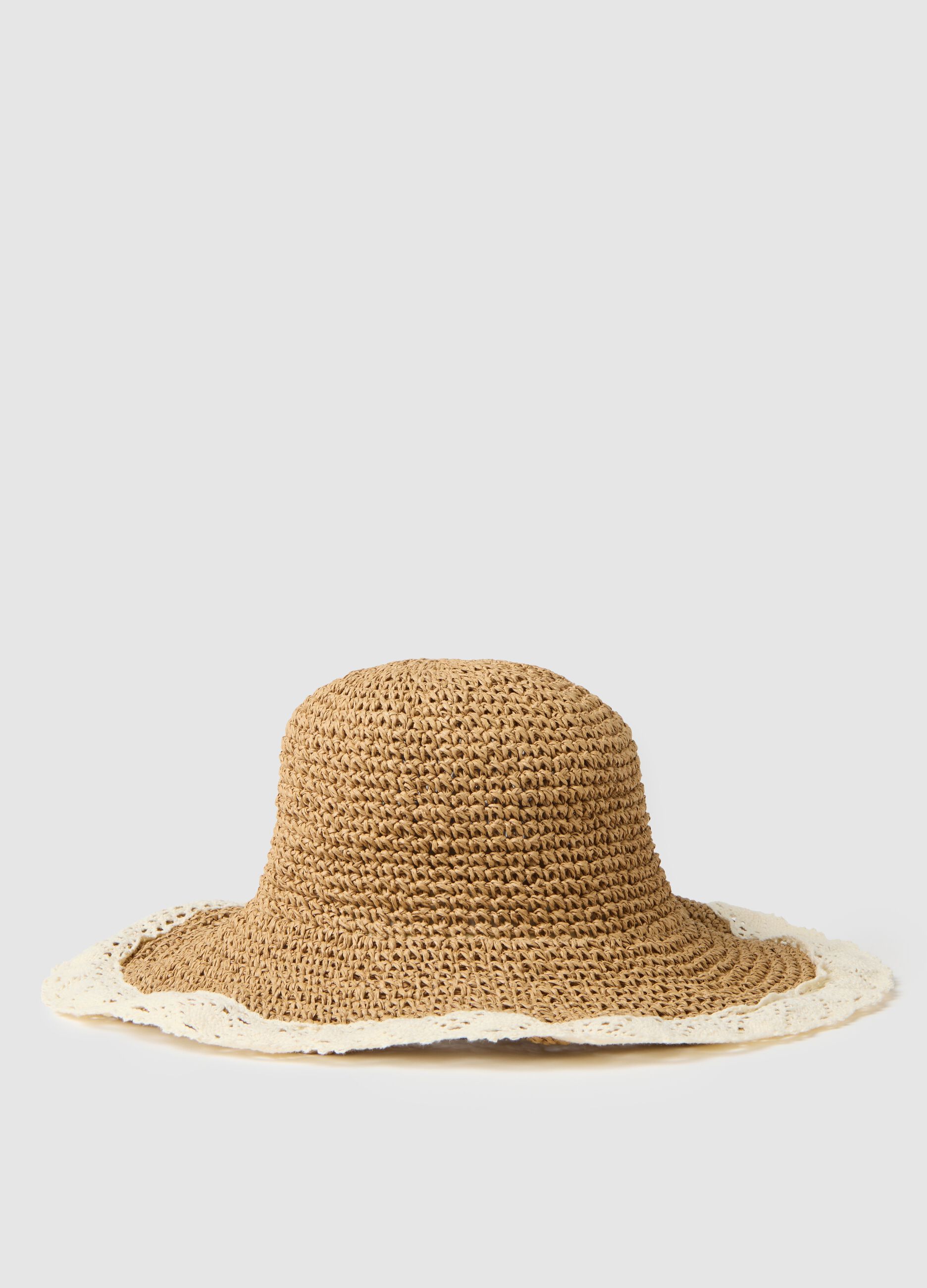 Cappello da donna in paglia multicolor con bordo lavorato a uncinetto