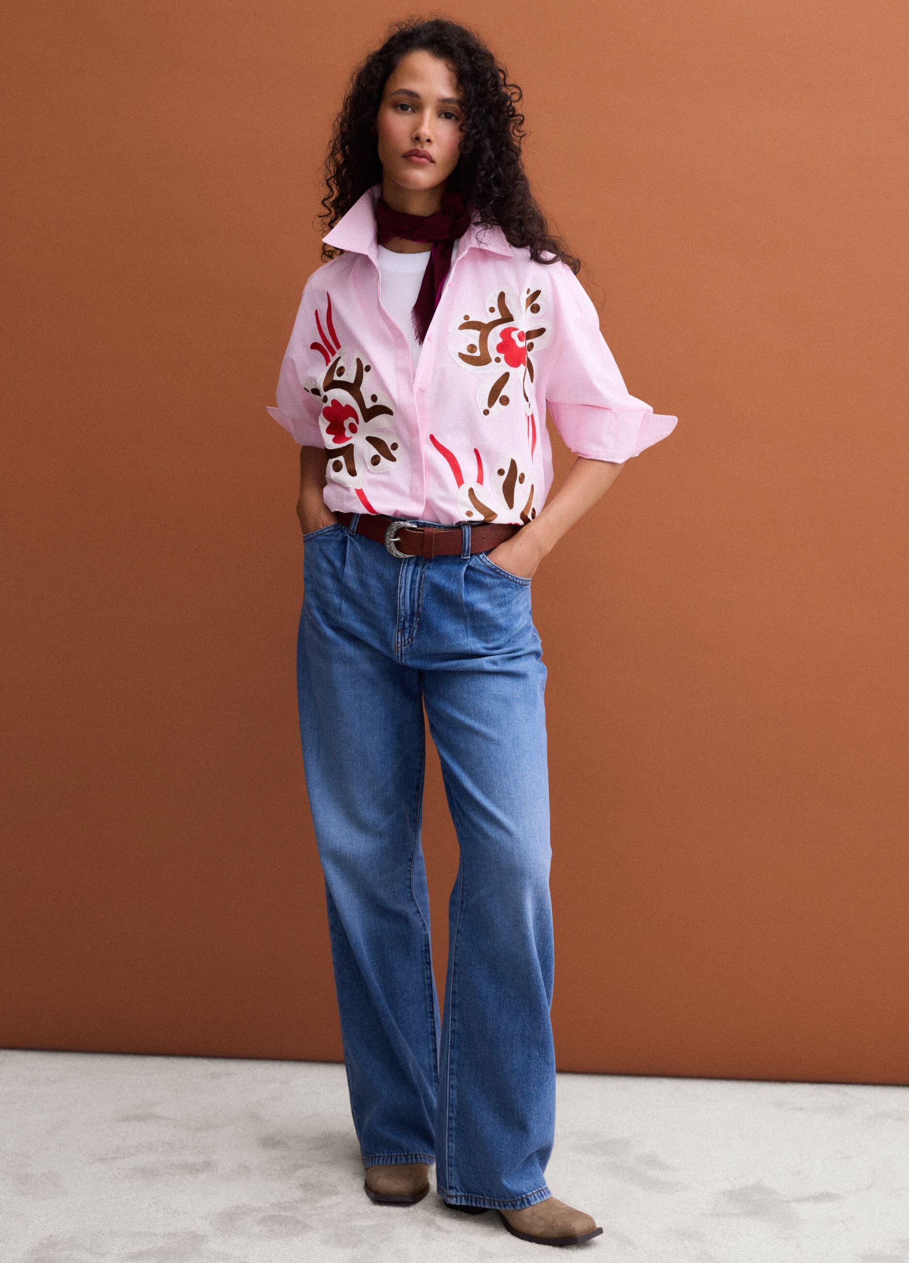 Jeans blu wide leg a vita alta in puro cotone